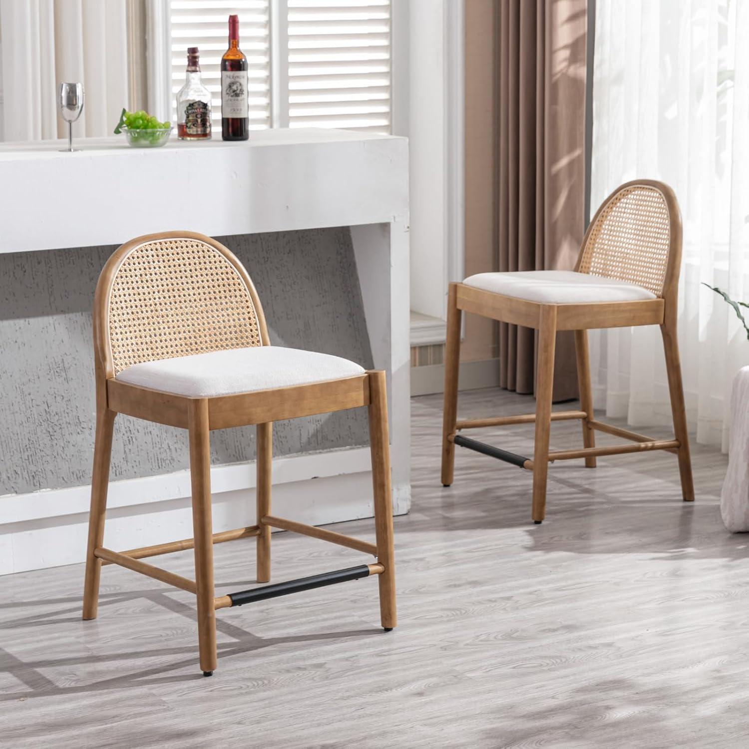 Bayou Breeze Emington Modern Stools with Rattan Backrests and Wood Frame (Set of 2)