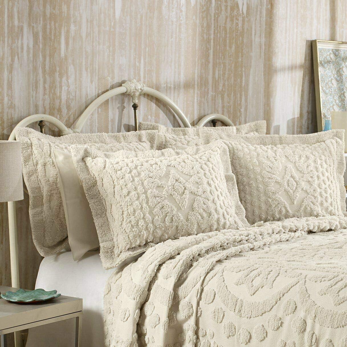 Kingston Chenille Tufted Bedspread And Pillow Sham Set, All Cotton, King Size, Beige