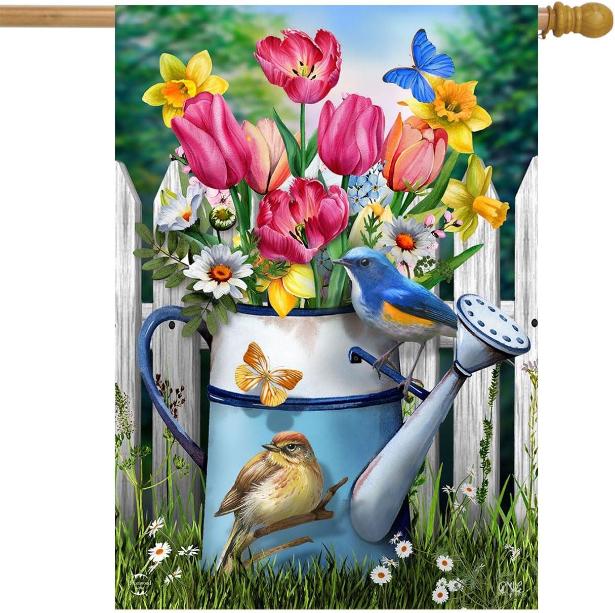 Floral Watering Can Spring House Flag 40" x 28" Briarwood Lane