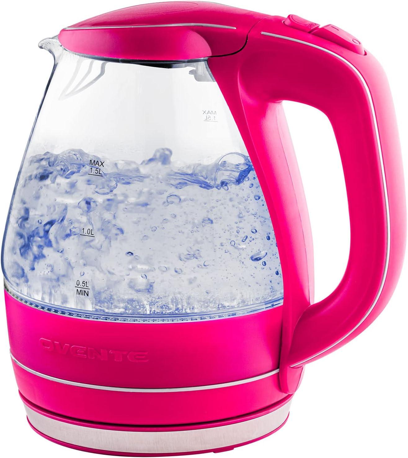 OVENTE Glass Electric Kettle Hot Water Boiler 1.5 Liter Borosilicate Glass Fast Boiling Countertop Heater - BPA Free Auto Shut Off Instant Water Heater Kettle for Coffee & Tea Maker - Pink KG83F