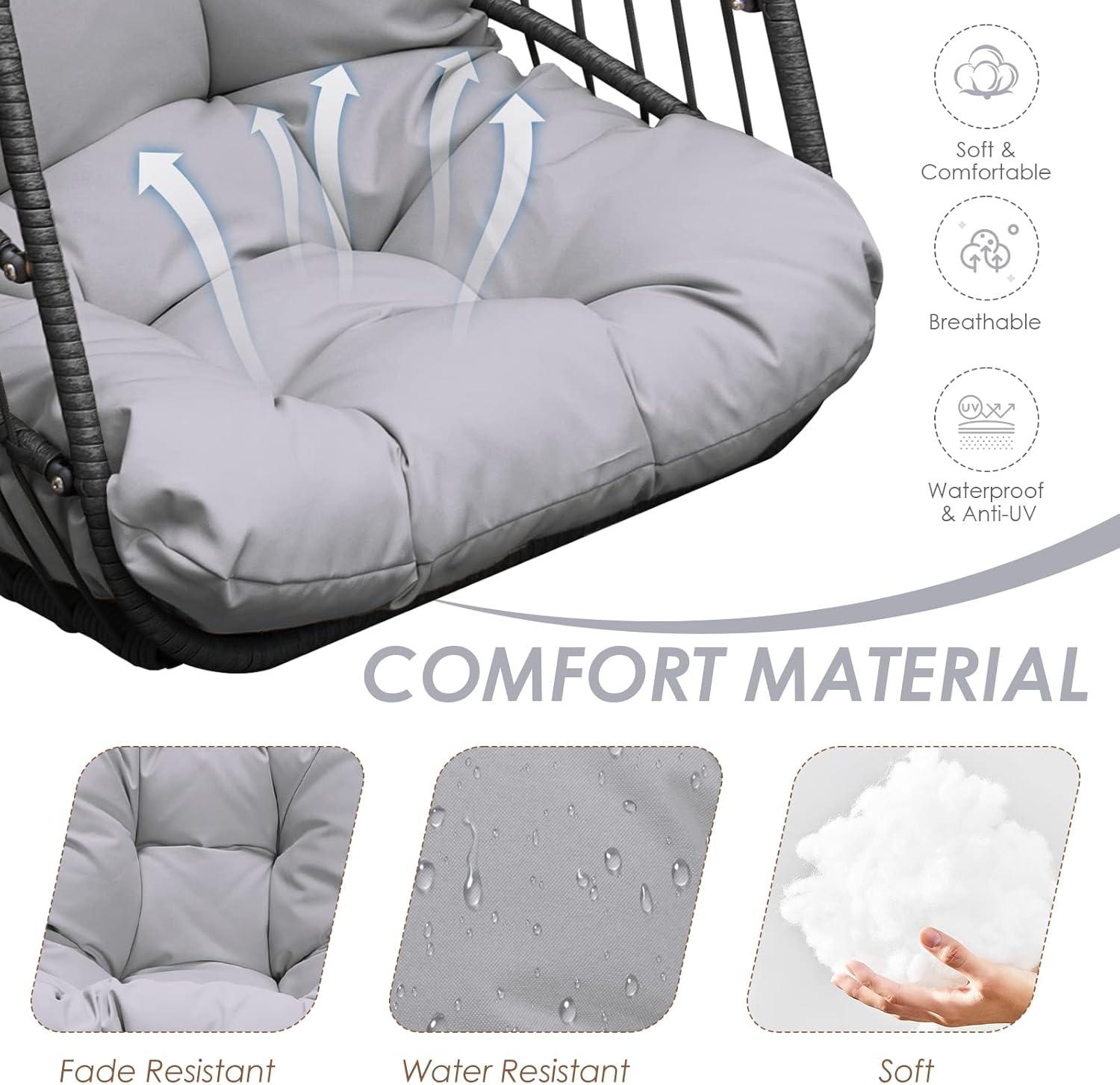 NICESOUL All Weather Swing Egg Chair Indoor Outdoor, Comfy Rattan Patio Basket Hanging Chair with Stand and Cushions, 350lbs Heavy Duty Sturdy Egg Hammock Chairs for Porch Balcony Deck Garden, Gray