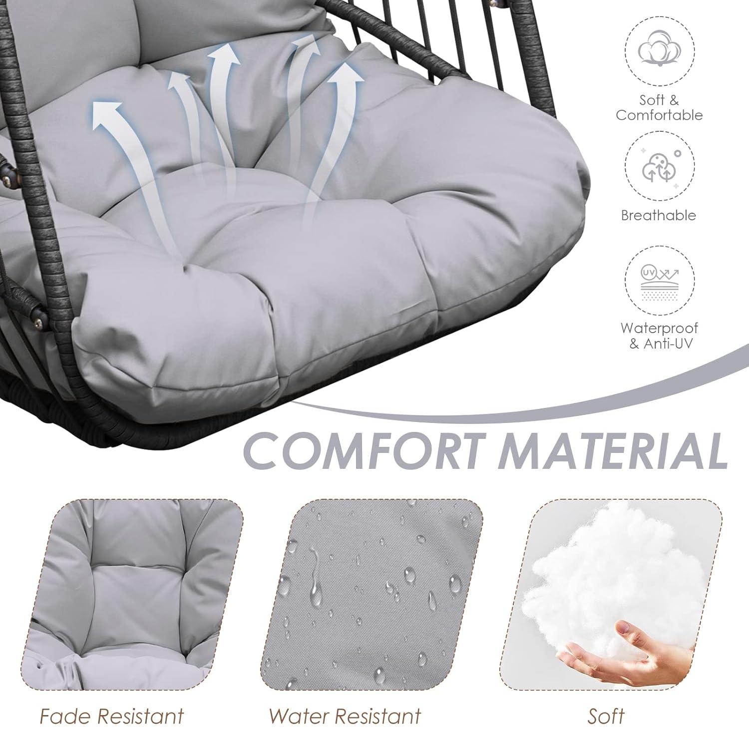 NICESOUL All Weather Swing Egg Chair Indoor Outdoor, Comfy Rattan Patio Basket Hanging Chair with Stand and Cushions, 350lbs Heavy Duty Sturdy Egg Hammock Chairs for Porch Balcony Deck Garden, Gray