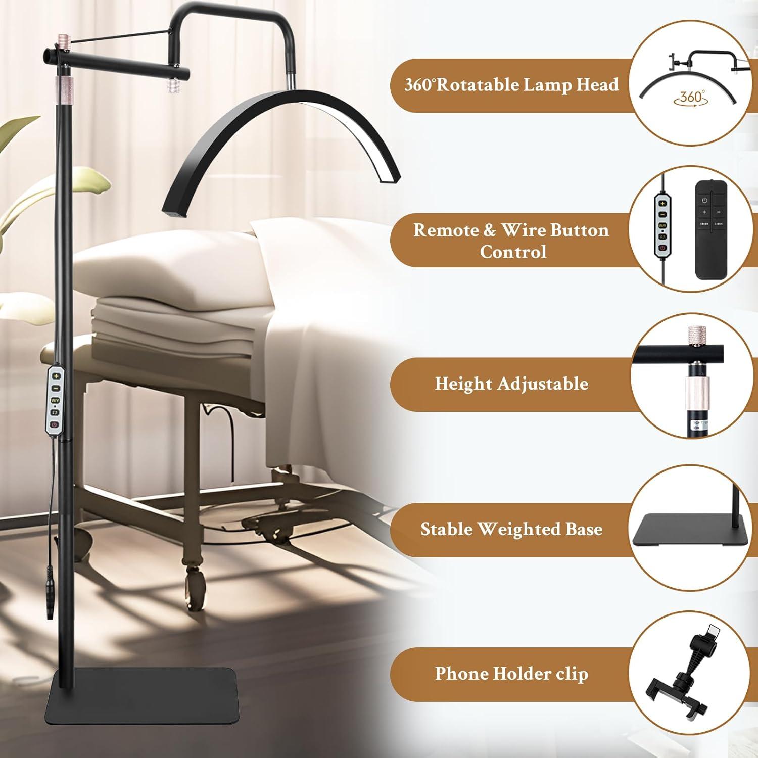 Lash Lamp - Esthetician Light for Eyelash Tech,Tattoo Artists, Nail Tech, Led Half Moon Light for Lashes Extensions, Warm/Cool Floor Piano Lamp with Phone Holder, Adjustable Brightness & Height