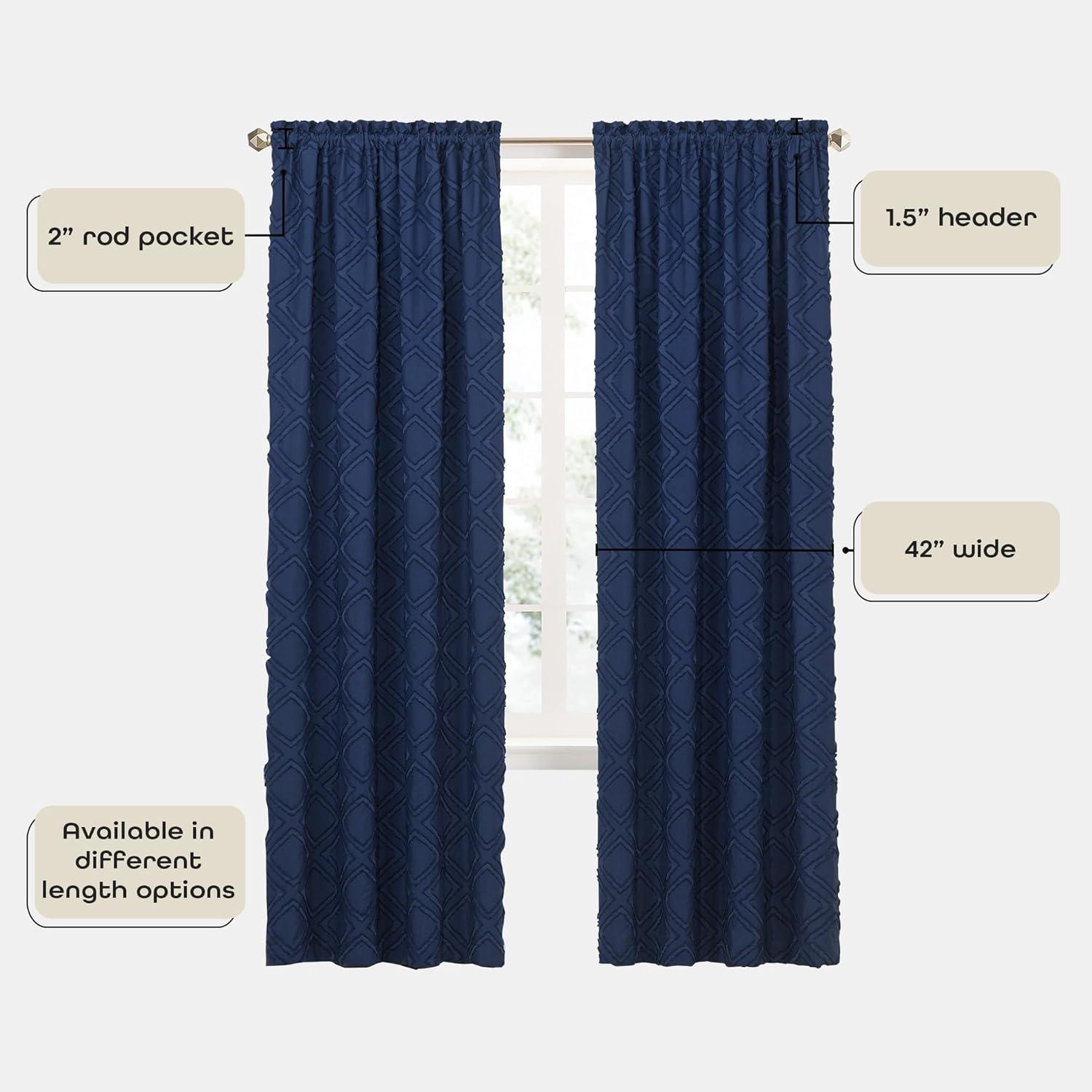 Navy Geometric Diamond Fringe Rod Pocket Drape Panel, 42" x 63"