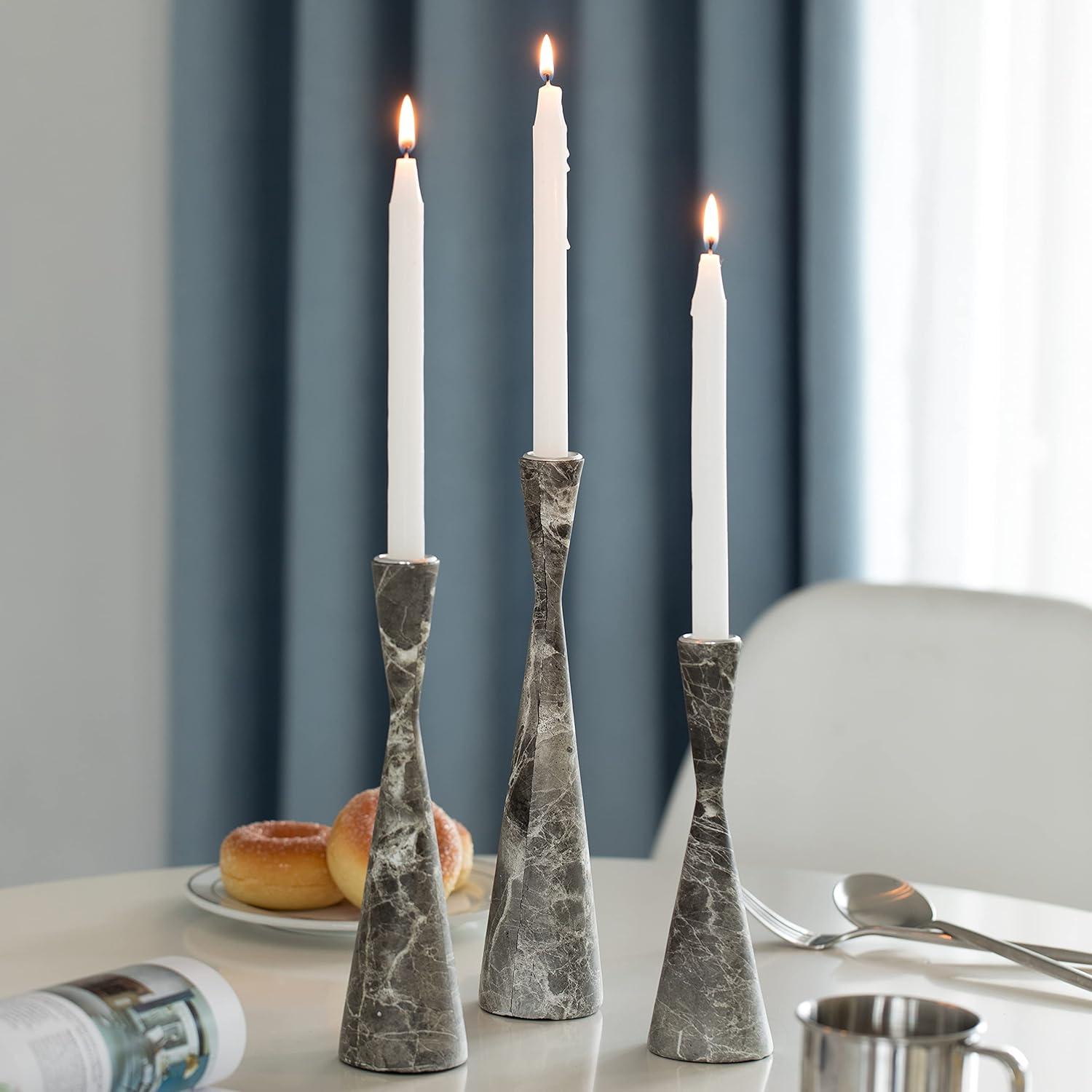 Marble Resin Candle Holders - 3 Set Taper Candlesticks for Home Decor, Gray