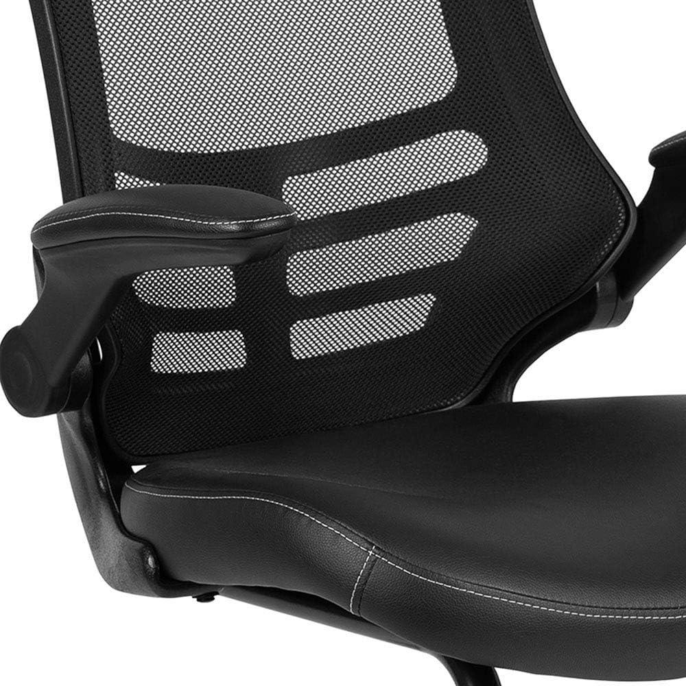 Flash Furniture Kelista Black Mesh Sled Base Side Reception Chair with White Stitched LeatherSoft Seat and Flip-Up Arms