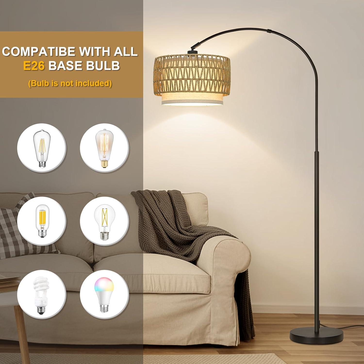 Rattan Floor Lamp, Dimmable Arc Floor Lamps for Living Room, Boho Farmhouse Standing Lamp with Adjustable Head, Tall Pole Lamp Reading Light for Bedroom, Over Couch, Office, 9W LED Bulb Included