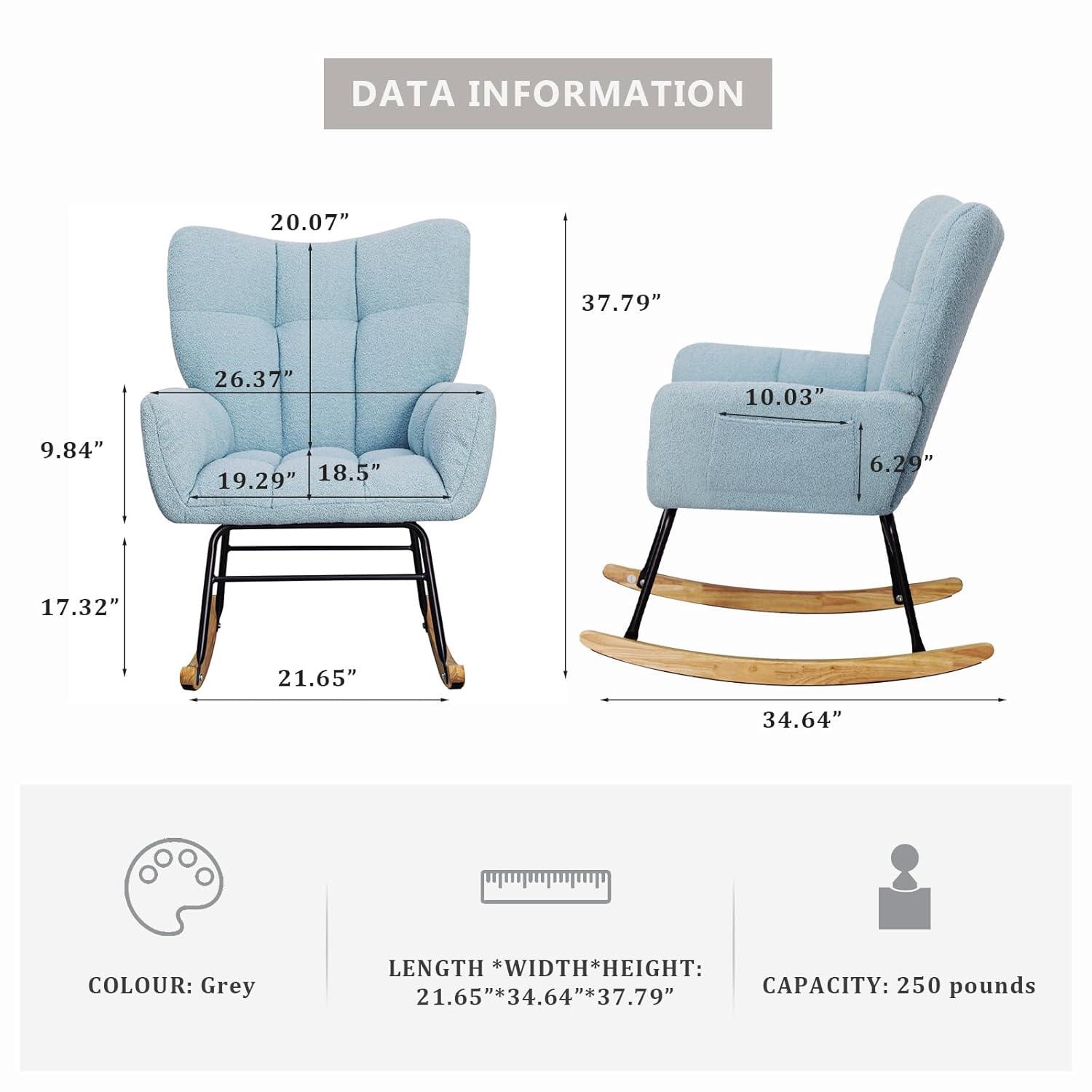 Nursery Rocking Chair Teddy, Upholstered Glider Rocker with High Backrest, Comfortable Stylish Accent Armchair with Padded Seat for Living Rooms, Bedrooms, Offices