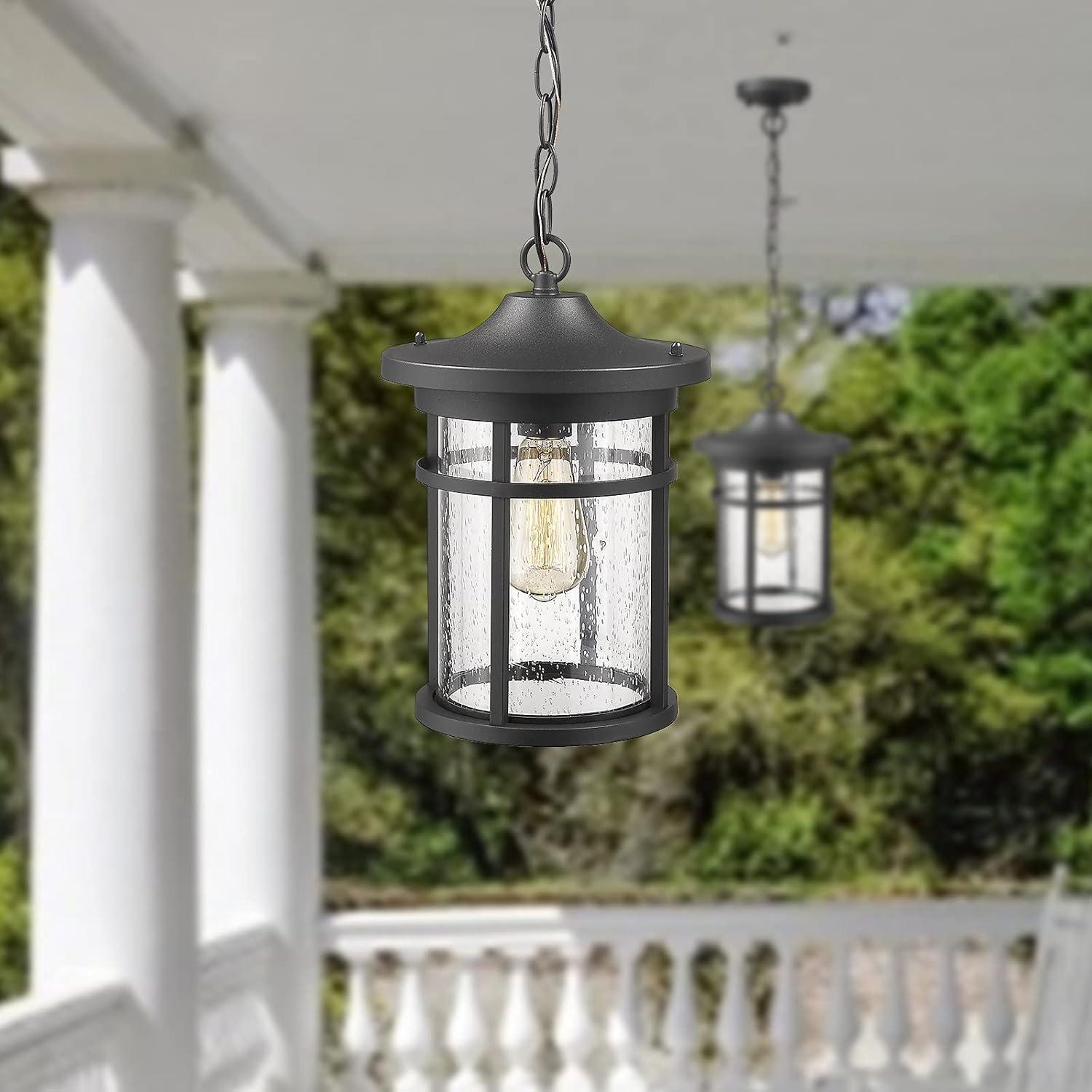 Black Seeded Glass Outdoor Hanging Lantern Light