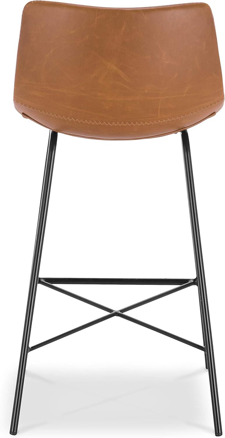 Tan Leather Saddle Style Counter Stool with Black Metal Frame, Set of 2