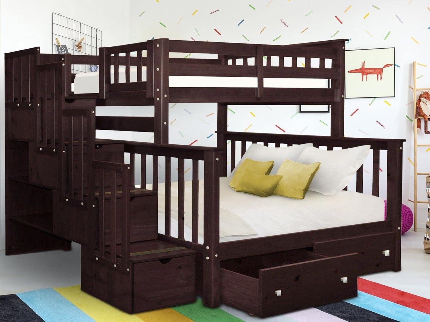 Bedz King Stairway Bunk Beds Twin over Full with 4 Drawers in the Steps and 2 Under Bed Drawers, Dark Cherry