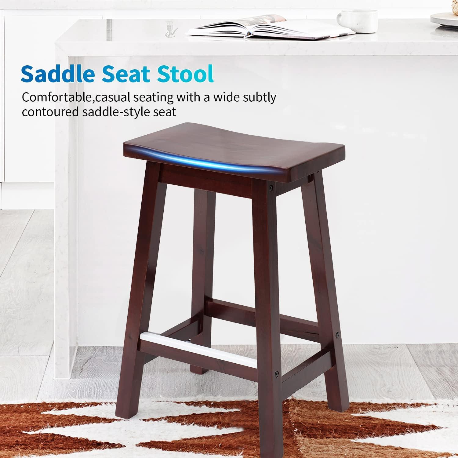 QuellQuest Bar Stools Set of 2 for Kitchen Counter Solid Wooden Saddle Stools 24-Inch/30-Inch Height (Brown, 24 in)