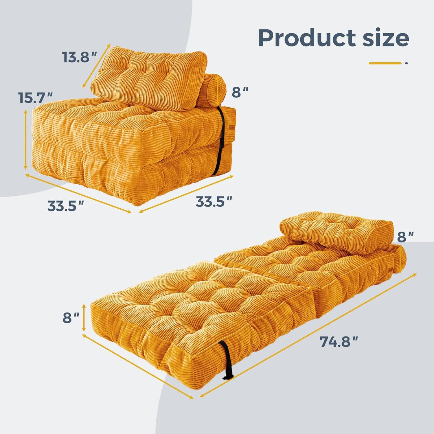 Folding Sofa Bed, Convertible Sleeper Chair with  with Back Support, Portable Fold Out Chair Bed Comfy Floor Sofa Lounge for Living Room Bedroom, Orange, Single