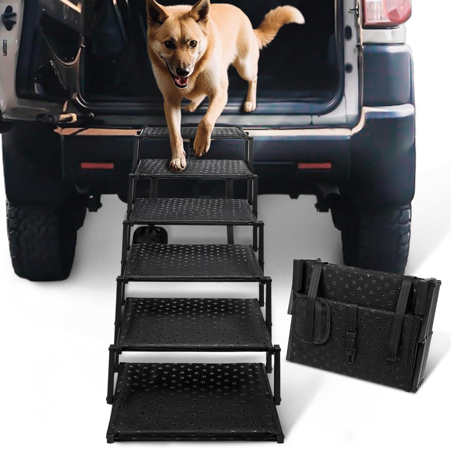 Dog Stairs for Car - Foldable Dog Ramps for Large Dogs with Non Slip Surface, Portable Dog Steps for Cars and SUV, Truck, Support Up to 200 Lbs, 6 Steps
