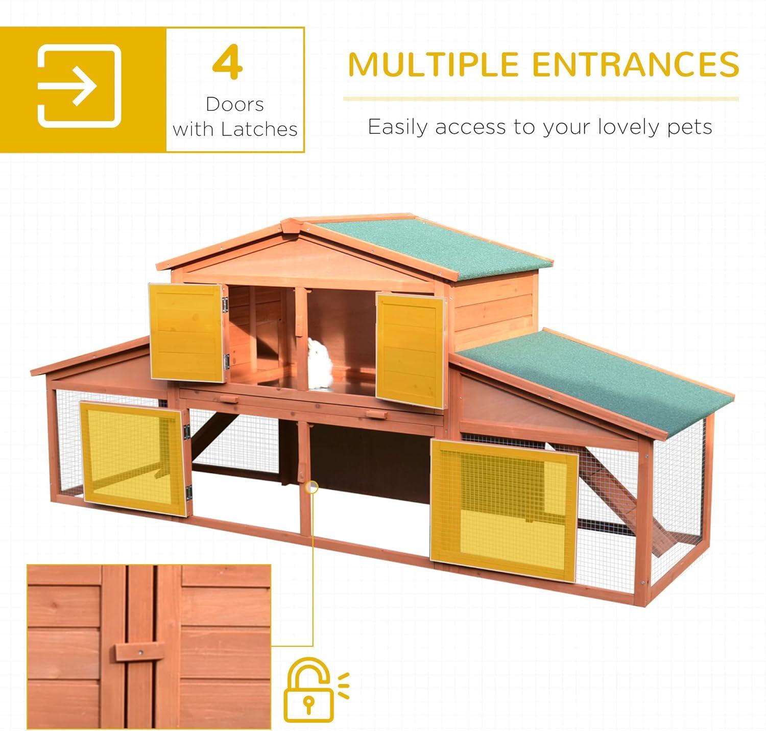 PawHut 88.5" Wooden Rabbit Hutch Bunny Hutch Guinea Pig House with Removable Tray, Double Ramp and Weatherproof Asphalt Roof for Outdoor