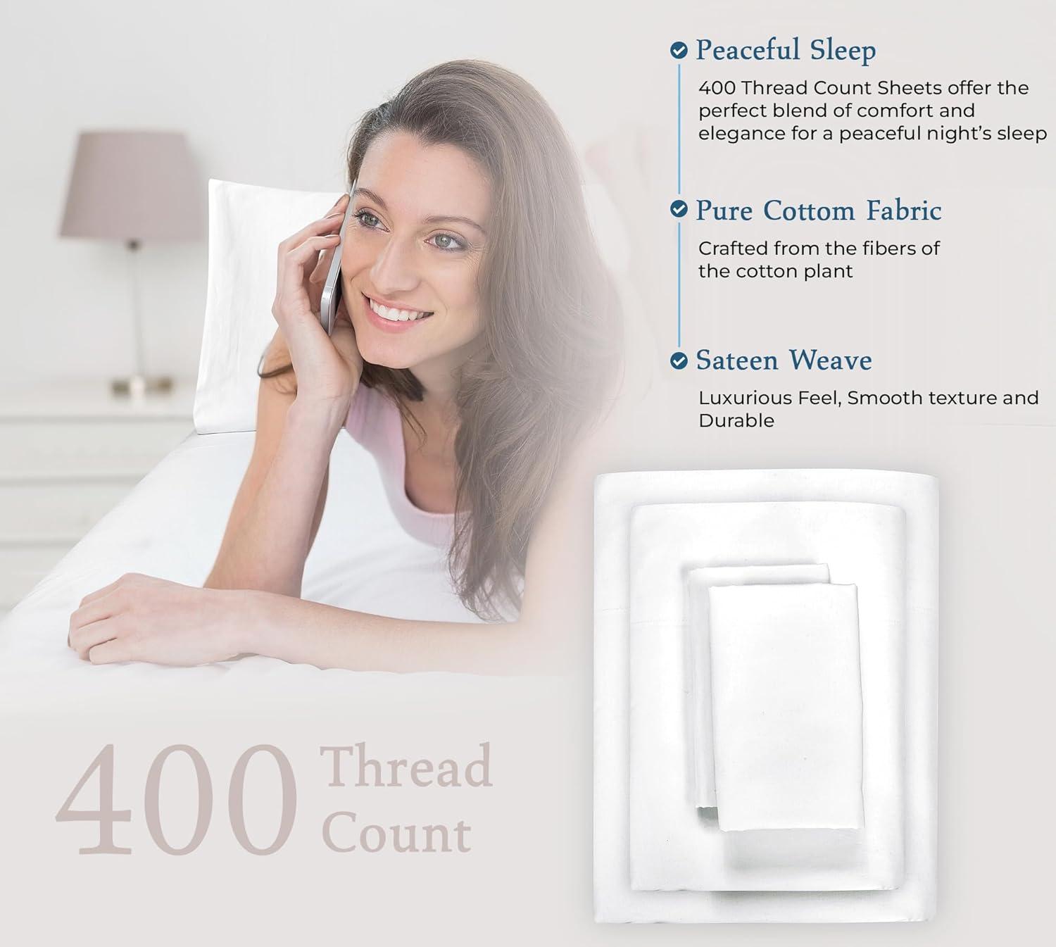 Royale Linens 400 Thread Count 100% American Grown Cotton 4 Piece Sateen Queen Sheet Set - 1 Fitted, 1 Flat Sheet, 2 Pillow case - True White Bedsheet Set - Cooling Cotton Sheets - (Queen, True White)