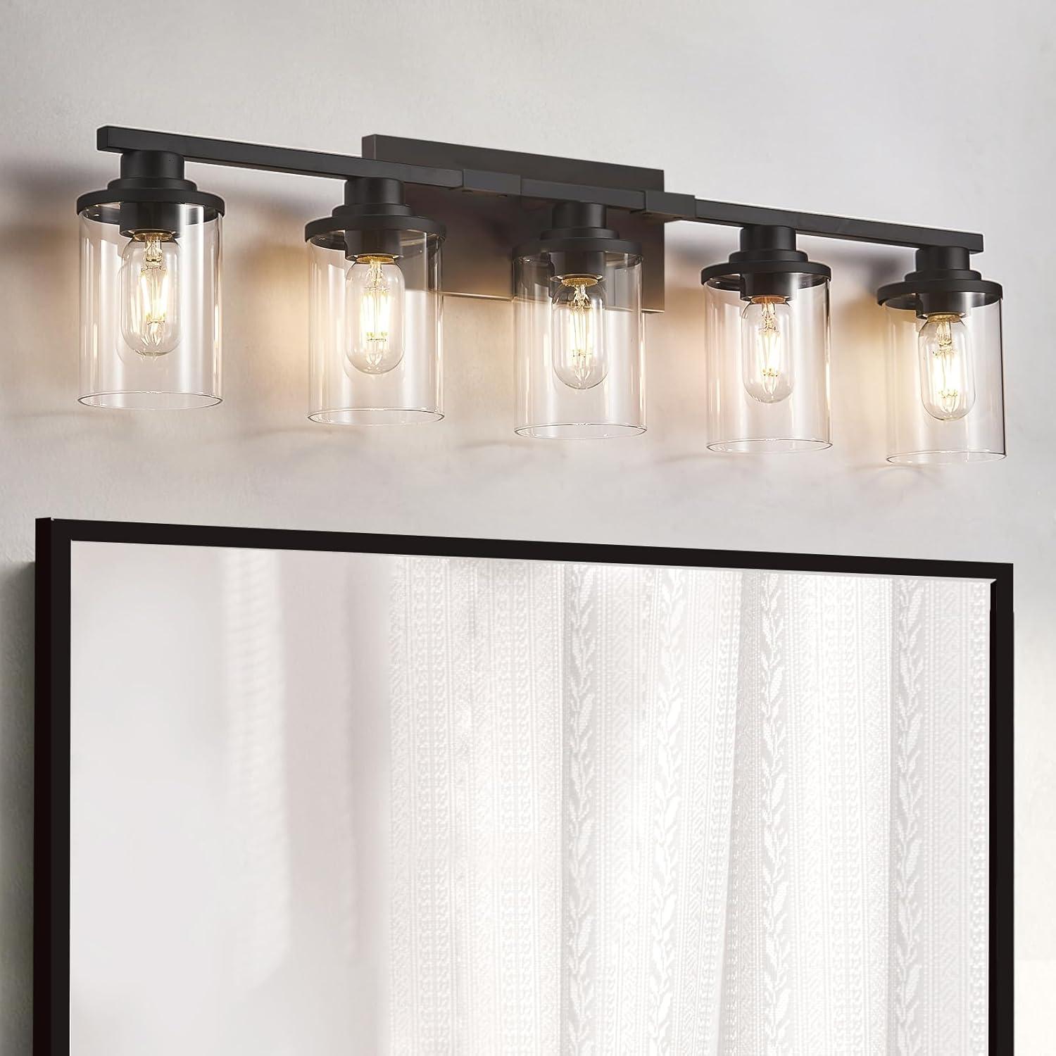 Matte Black 5-Light Bathroom Vanity Fixture with Glass Shades