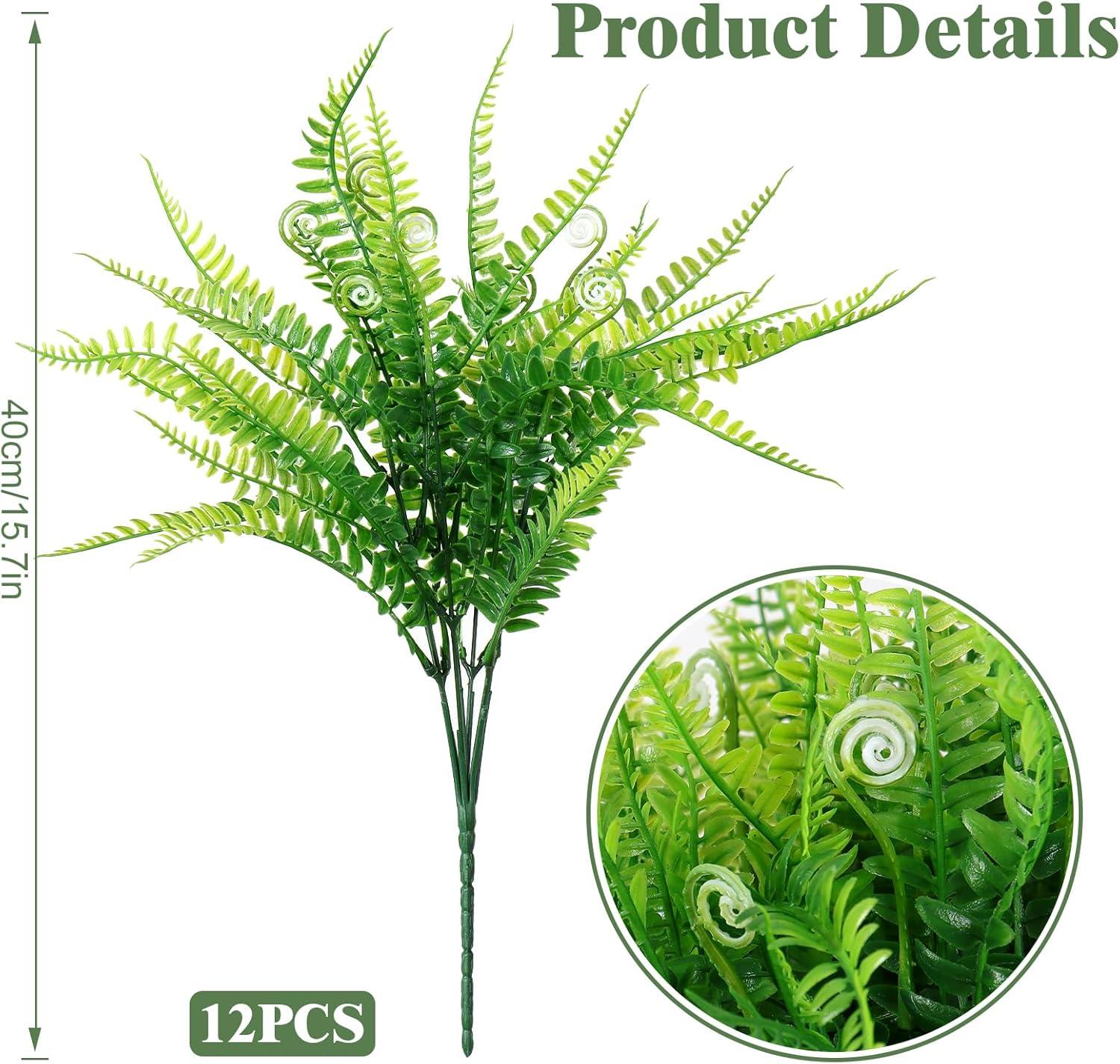 12 Bundles Artificial Ferns for Outdoors Fake Boston Fern Large Greenery Plants UV Resistant Faux Plastic Plants Shrubs for Garden Front Porch Window Box Indoor Outdoor Decoration