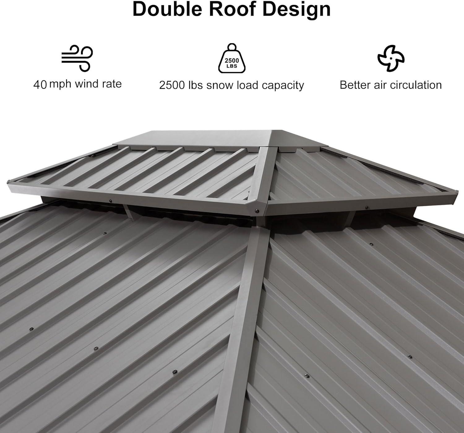 PURPLE LEAF 10' x 14' Hardtop Gazebo with String Lights Galvanized Steel Double Roof Gazebo with Aluminum Frames Outdoor Large Pavilion Gazebos for Patio Deck Garden, Light Grey