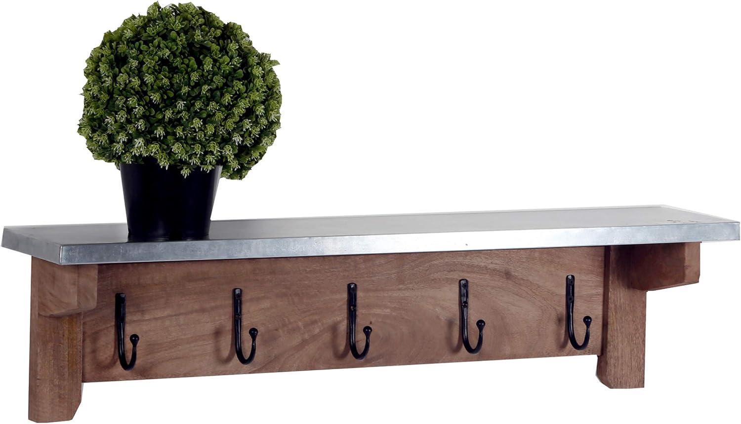 Millwork Hook Shelf Wood and Zinc Metal Silver/Light Amber - Alaterre Furniture: Galvanized Finish, 5 Hooks, Wall Mounted