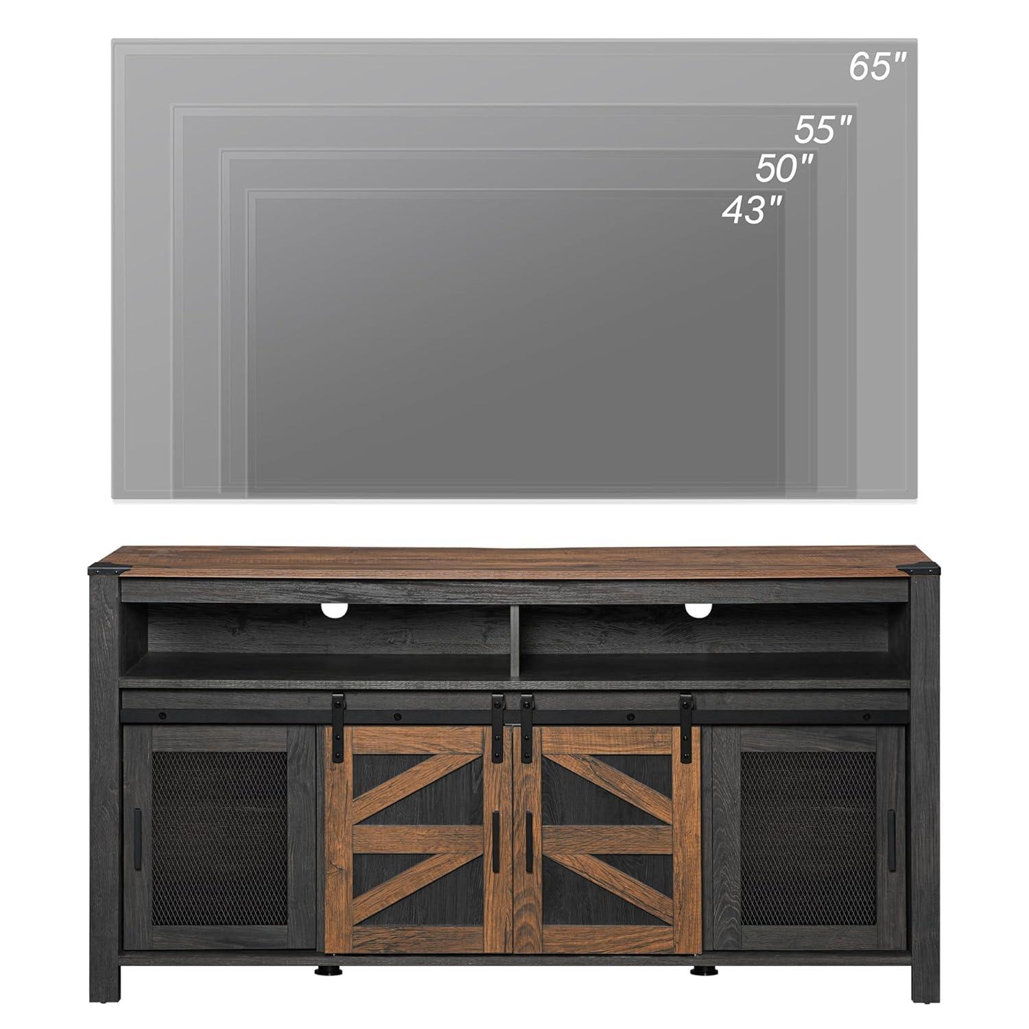 WAMPAT Farmhouse TV Stand for 65 Inch TV, Antique Black & Brown Entertainment Center with Sliding Barn Doors and Mesh Doors, Tall Media Console with Open Storage Space for Living Room, 59x15.4x31