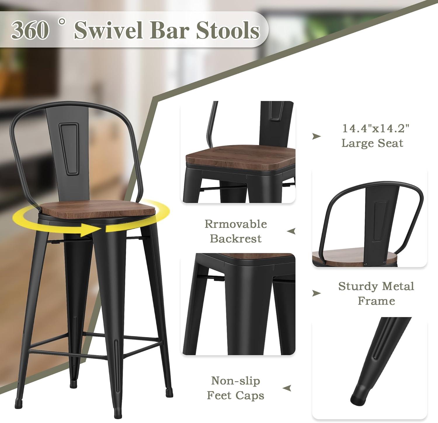 Alunaune 26" Swivel Metal Bar Stools Set of 4 High Back Counter Height Barstools Industrial Dining Bar Chairs with Large Wooden Seat-Matte Black