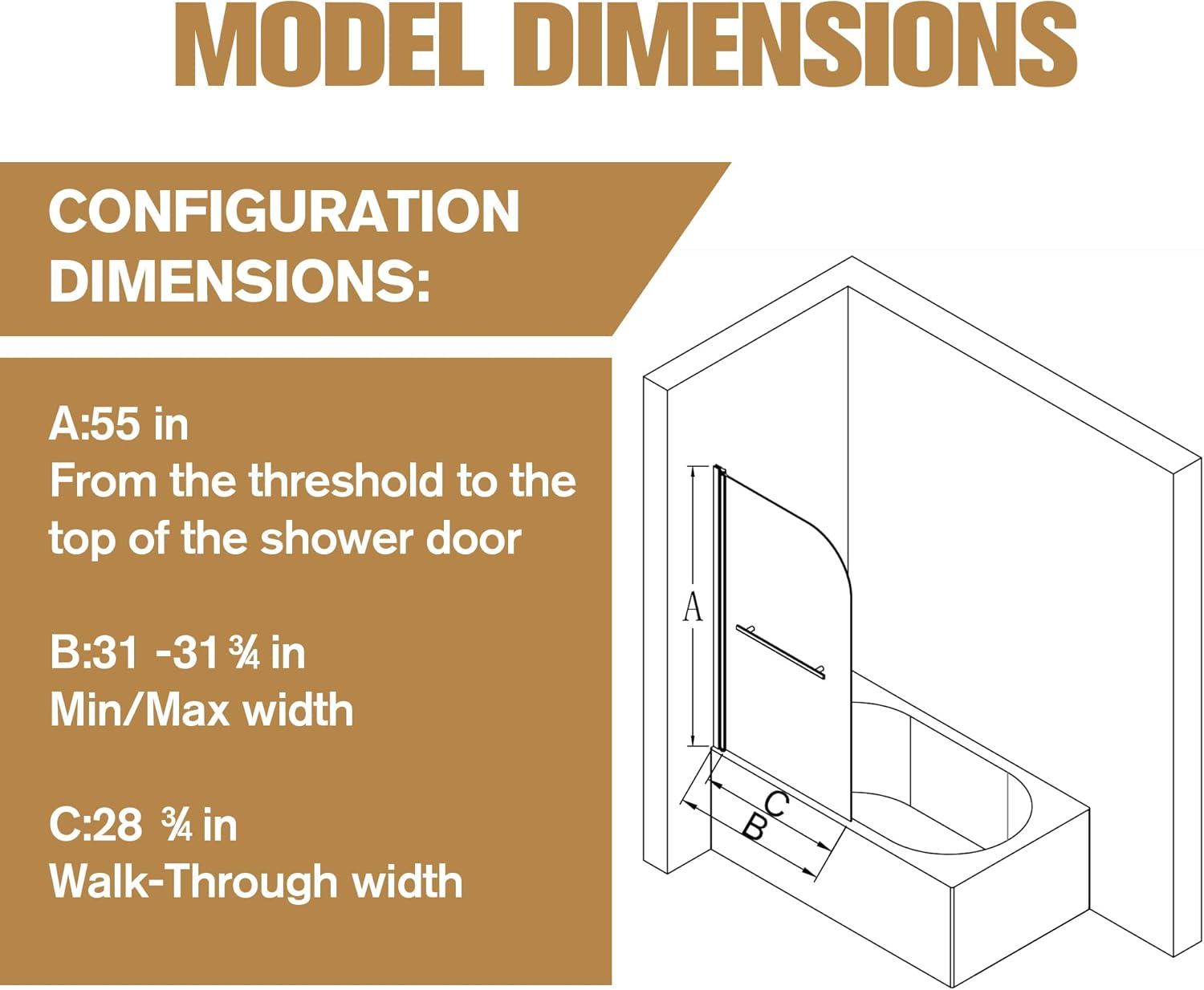 31"W x 55"H Frameless Folding Pivot Bathtub Door with 6mm Thick Clear Tempered Glass Door