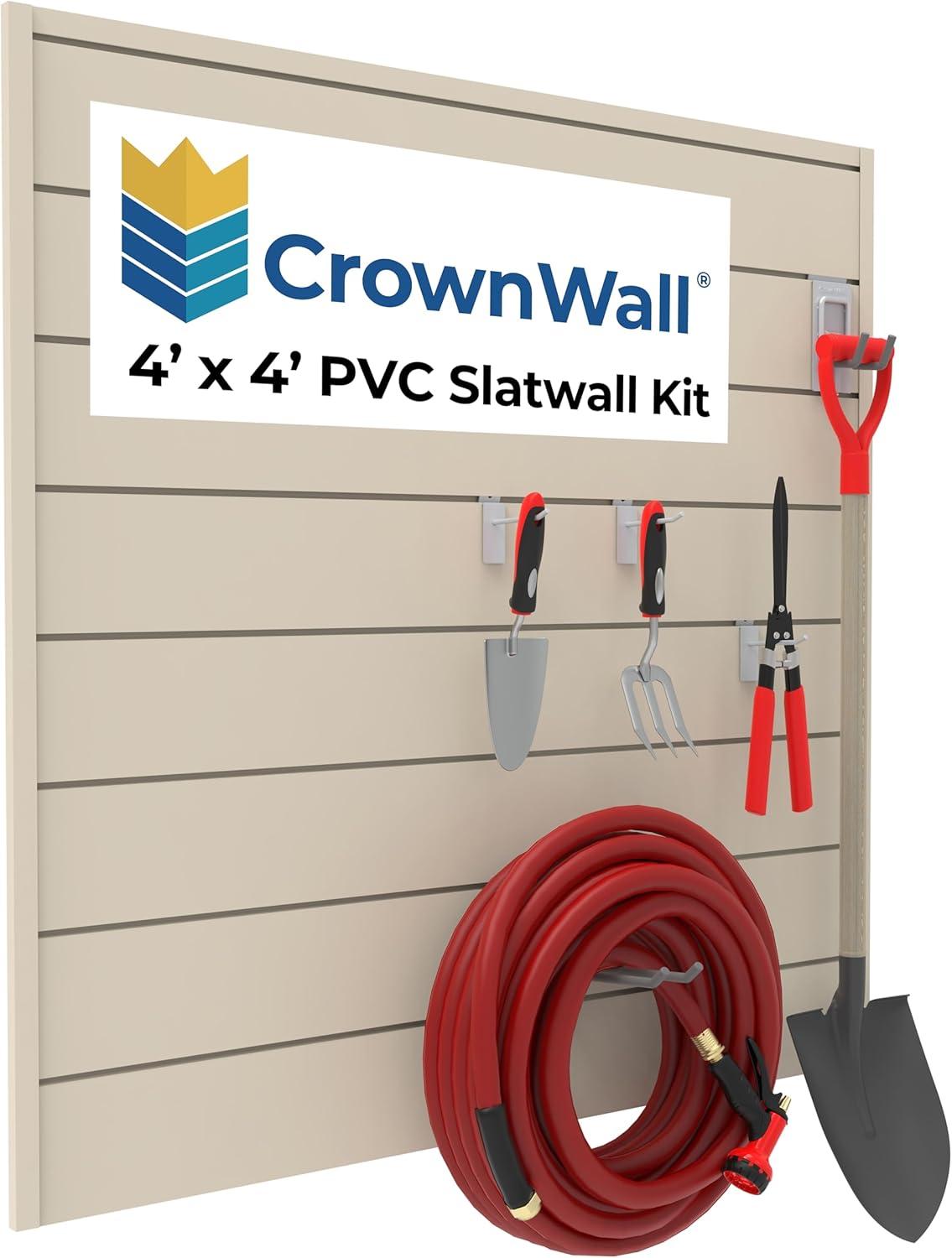 CrownWall PVC Slat Wall Panels Garage Wall and Home Organizer Storage System  | 4ft by 4ft (Set of 8)