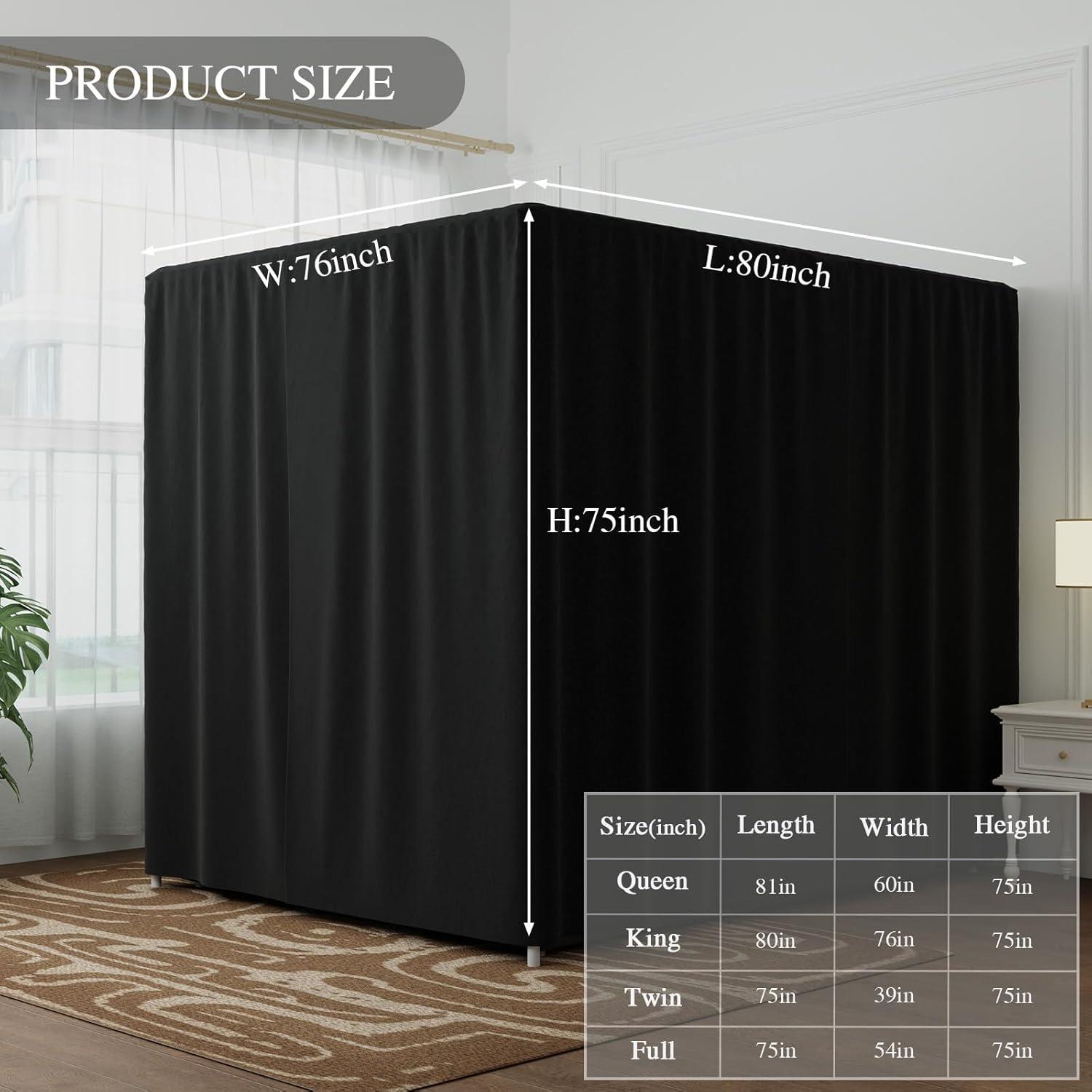 Black Canopy Bed Curtains - 4 Corner Post Bed Curtains King Lightproof Drapes Bed Canopy Curtain with Tie Backs for Adults & Girls Bedroom Decoration(Black,King)