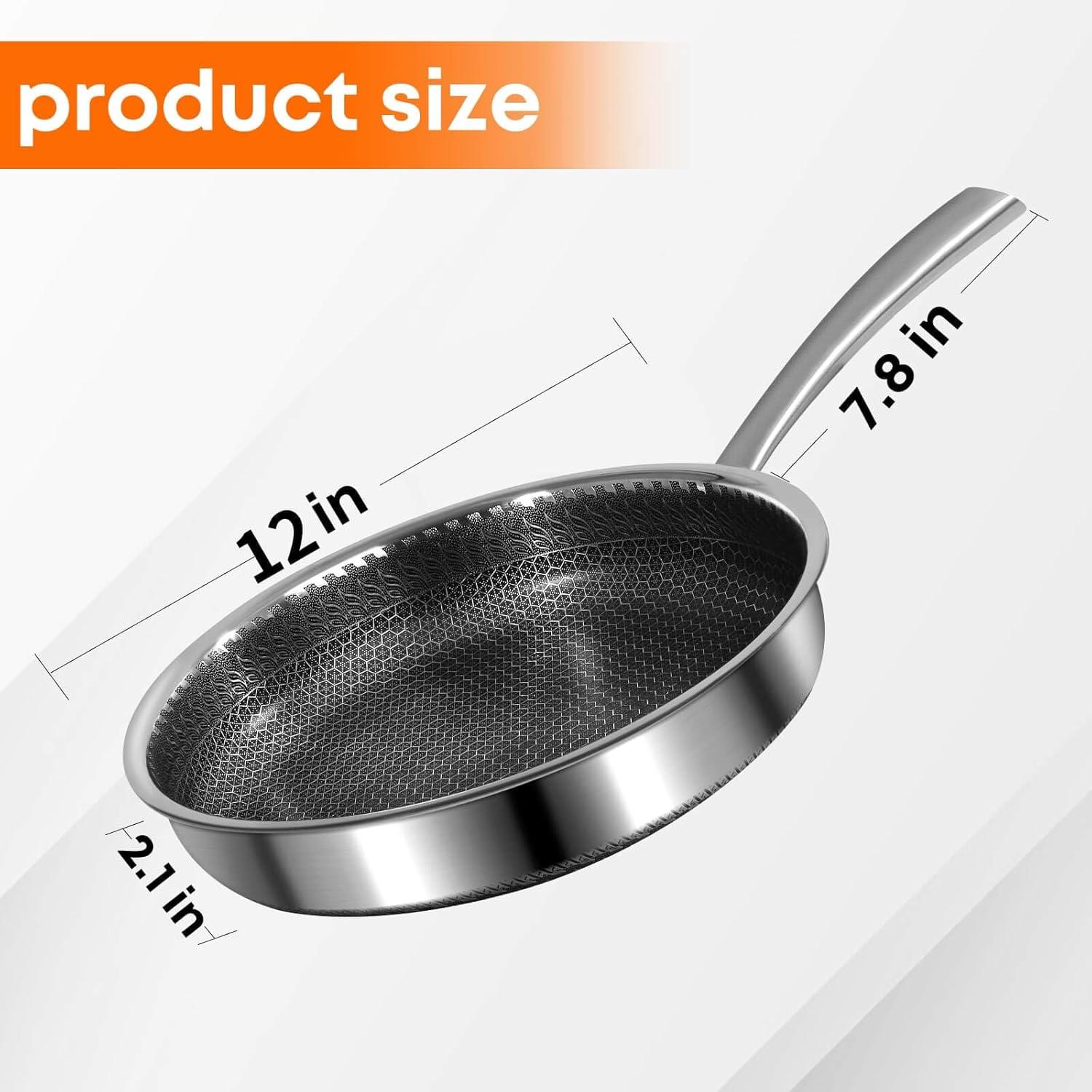 12 Inch Frying Pan with Lid, Whole body Tri-Ply Stainless Steel Skillet for Gas Electric Induction Ceramic Stoves and Oven