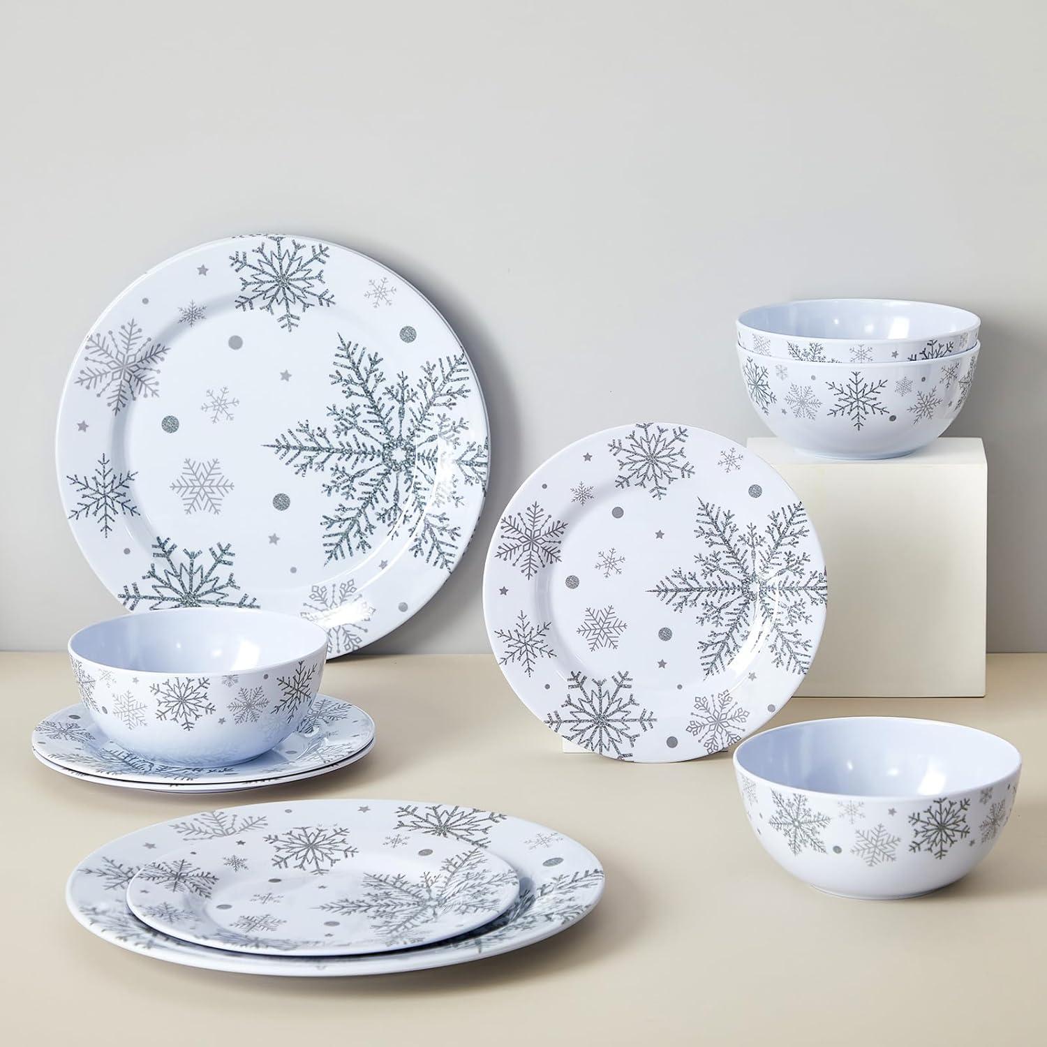 The Holiday Aisle® 12 Pcs Christmas Snowflake Melamine Dinnerware Set Plates And Bowls Set Include  Dinner Plates Plates Soup Bowl,Service For 4 For Christmas Winter Party Supplies