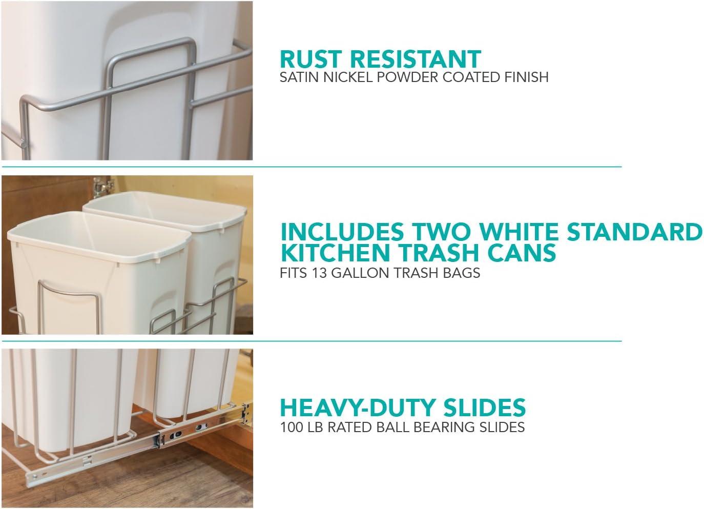 White Plastic Double Trash Can Slide-Out with Satin Nickel Frame