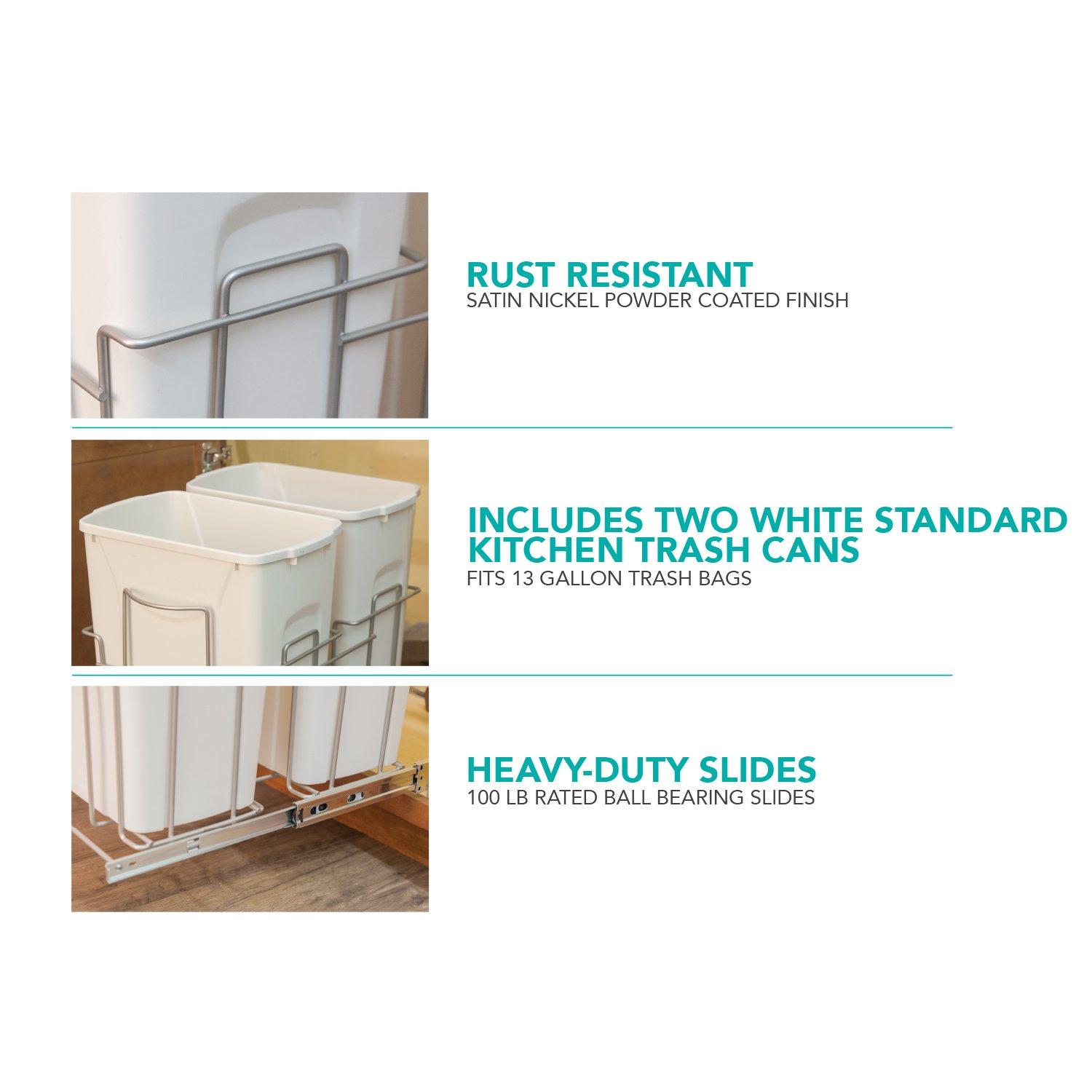 White Plastic Double Trash Can Slide-Out with Satin Nickel Frame