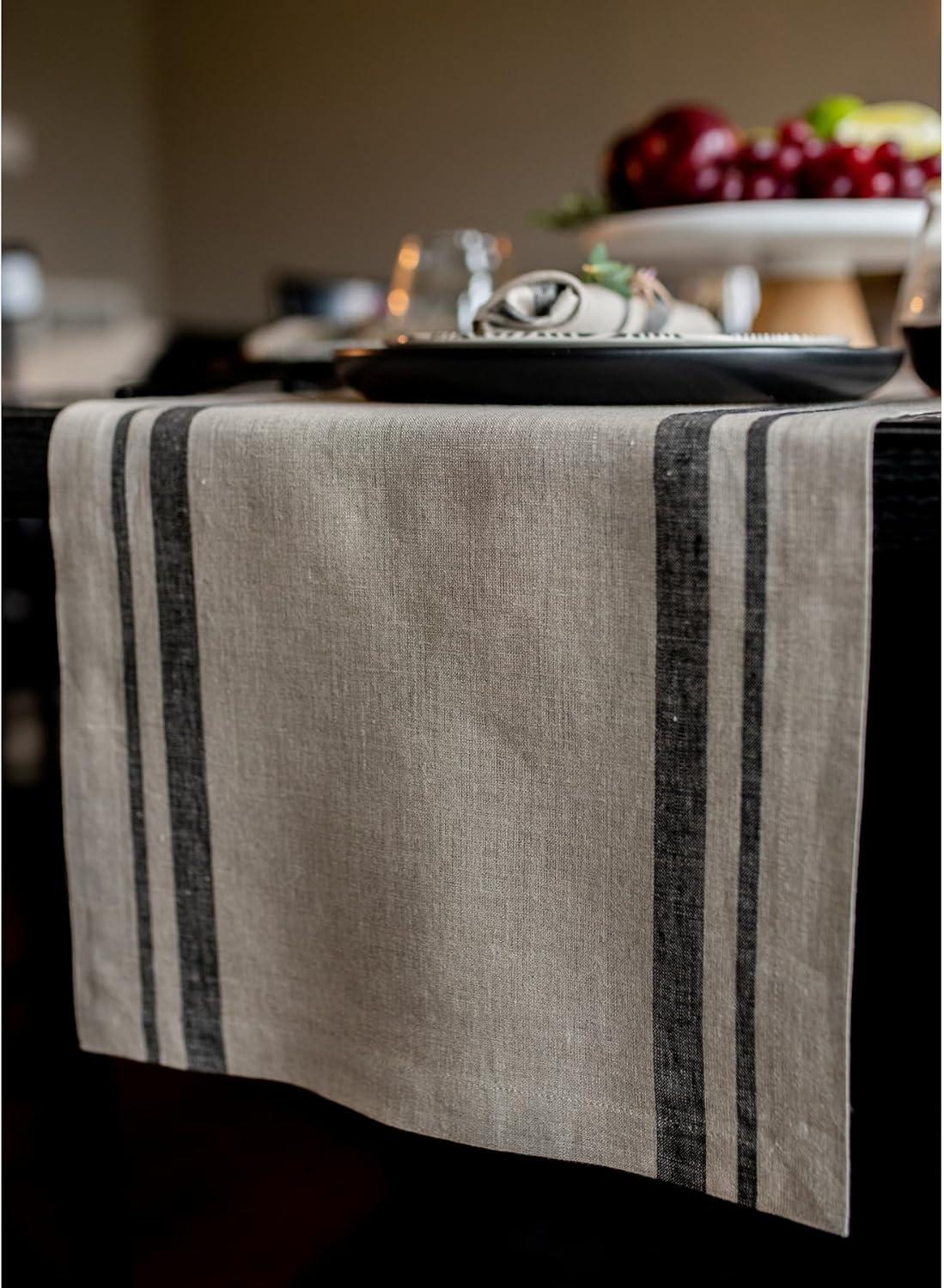 Black and Natural Linen French Stripe Table Runner 14 x 72 Inch