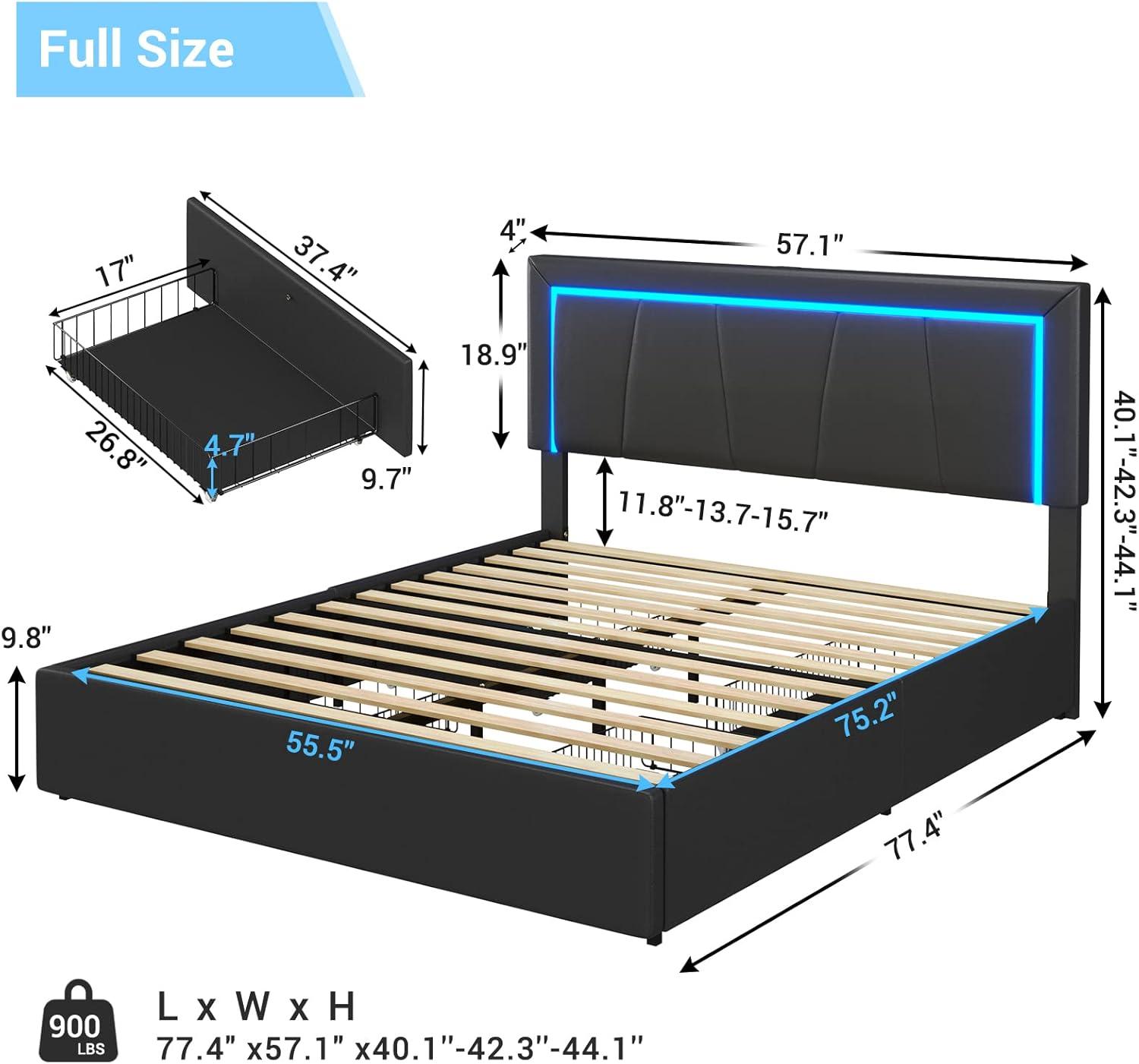 Full Size Led Bed Frame with Charging Station&LED Lights Modern Faux Leather Upholstered Platform Bed Frame with Adjustable Headboard&4 Storage Drawers, Black