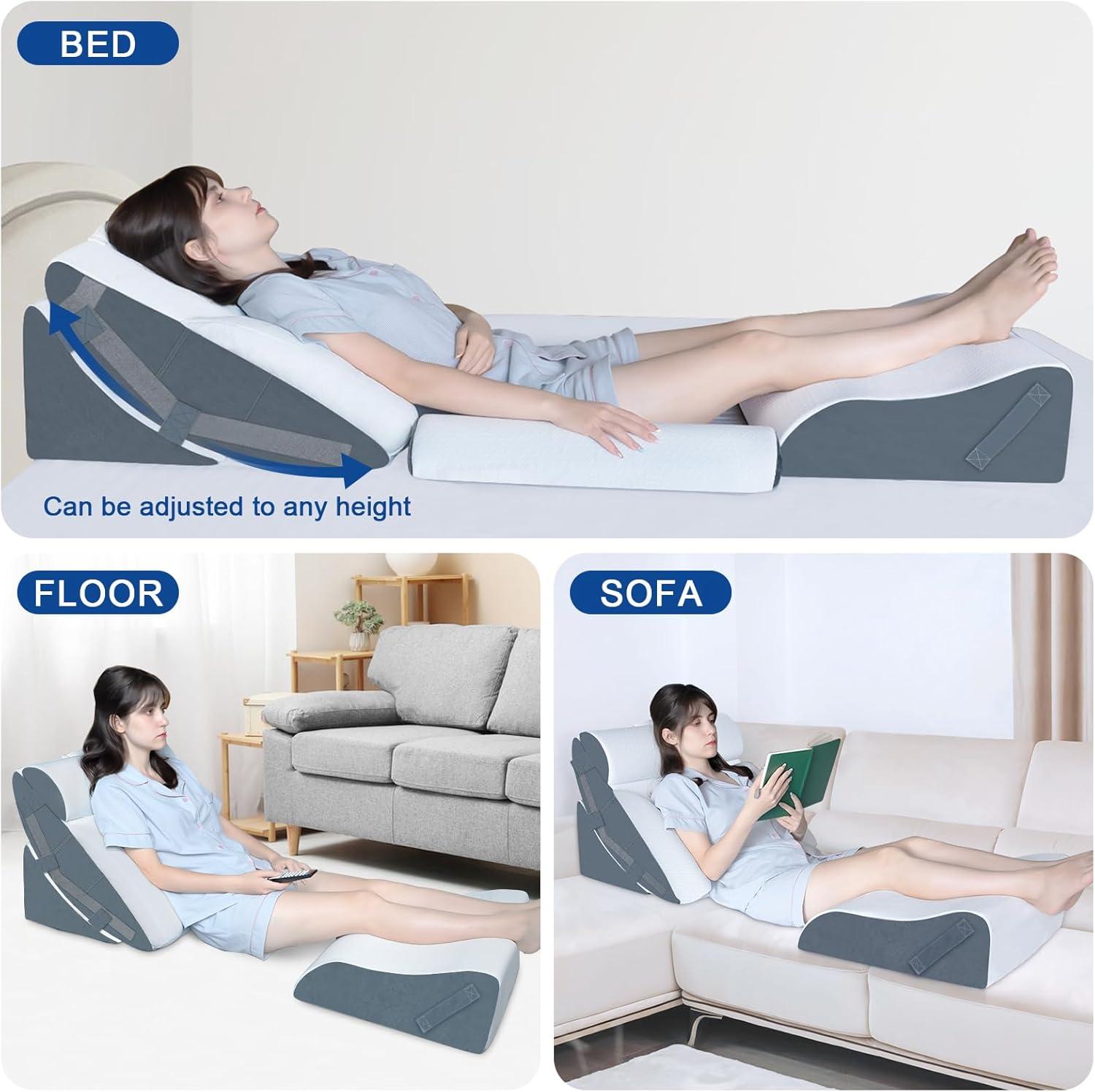 KingPavonini 6PCS Orthopedic Bed Wedge Pillow for Sleeping, Post Surgery Memory Foam for Back, Neck, Leg Support, Acid Reflux, Gerd with Travel Bag (Gray, 20'')