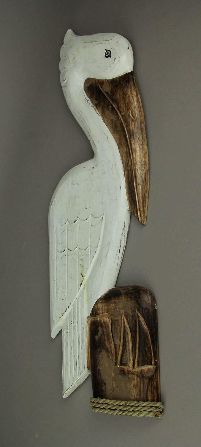 Chesapeake Bay White Wood Coastal Pelican Perched On Nautical Piling Wall Sculpture