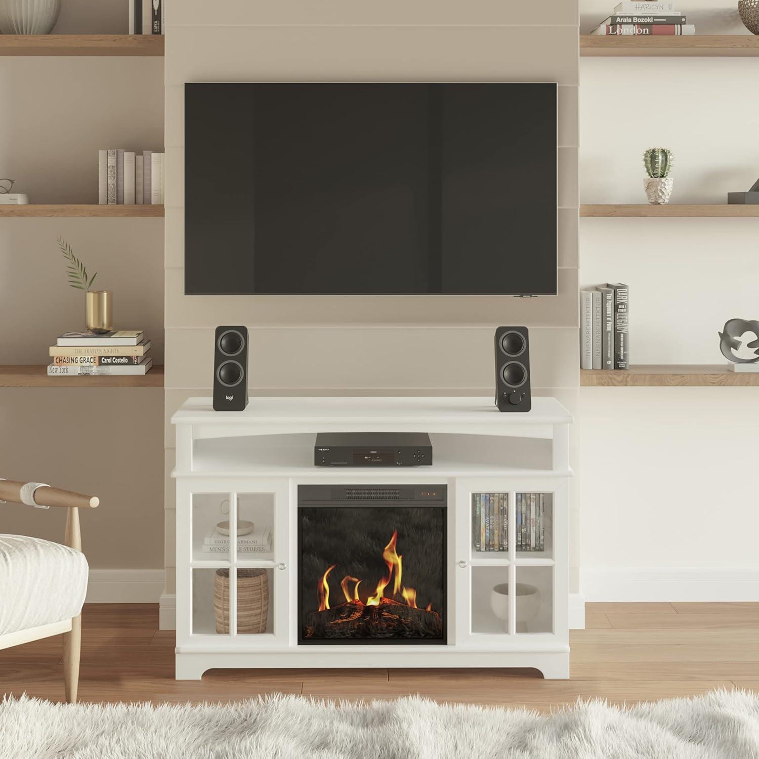 TV Stand with Electric Fireplace Fits TVs up to 50-Inches - Media Console with Storage Cabinet, Adjustable Heat, and LED Flames by Northwest (White)