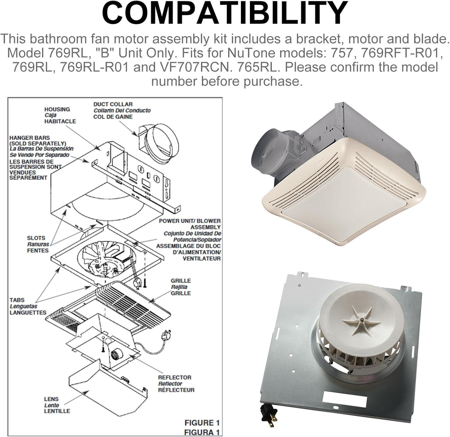 S0504B000 Bathroom Fan Motor Assembly Compatible with Bro-an Nutone 769RL for B Unit, Repalce Models 757, 769RFT-R01, 769RL, 769RL-R01 and VF707RCN. 765RL