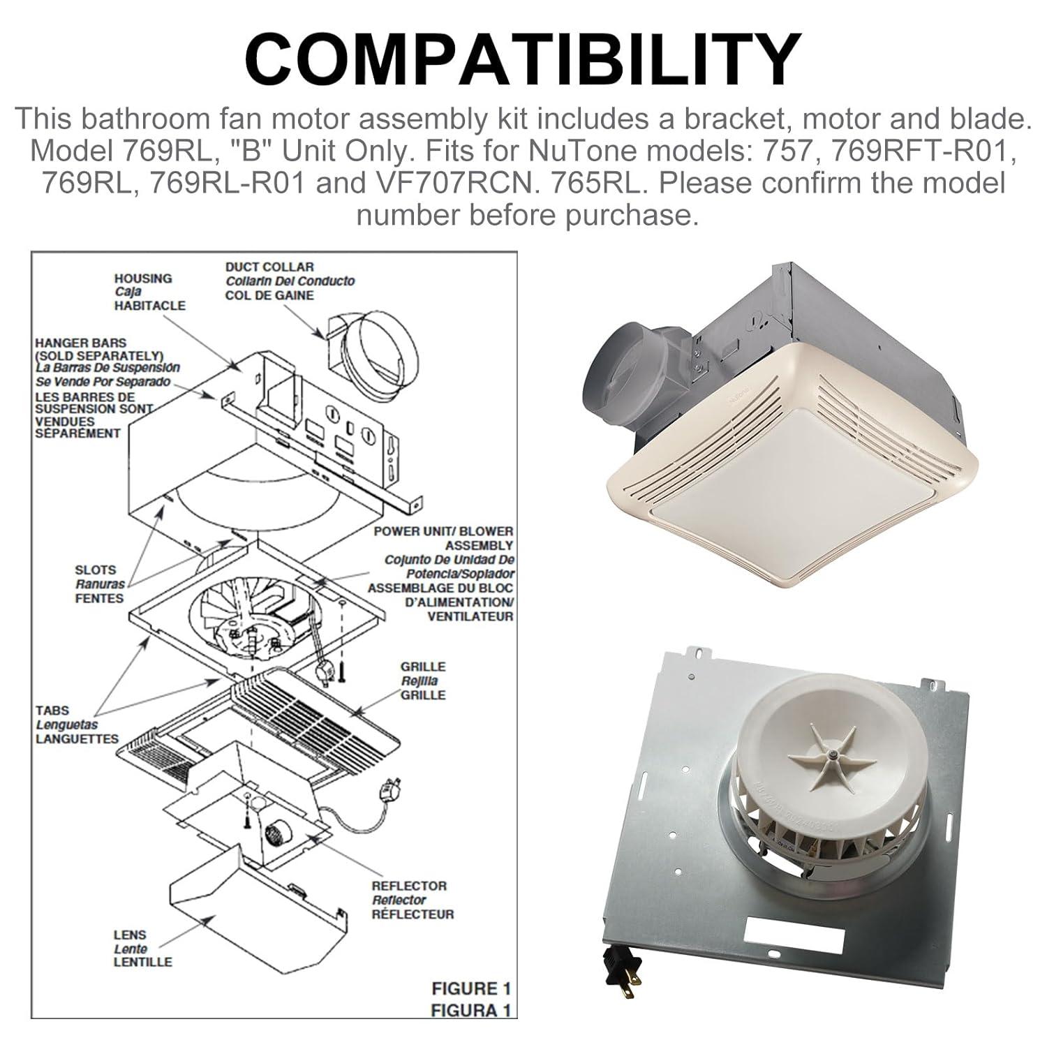 S0504B000 Bathroom Fan Motor Assembly Compatible with Bro-an Nutone 769RL for B Unit, Repalce Models 757, 769RFT-R01, 769RL, 769RL-R01 and VF707RCN. 765RL