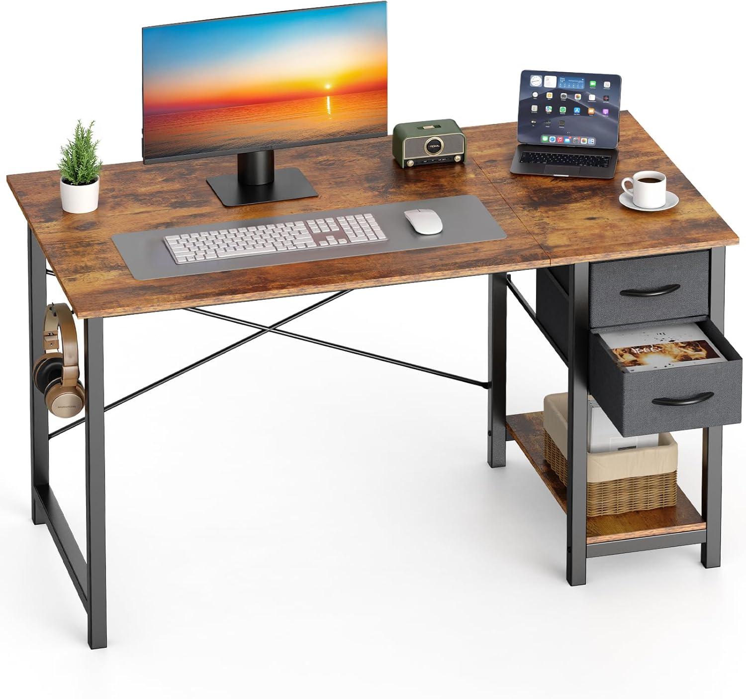 Sweetcrispy 40 Inch Computer Desk with Drawers for Home Office, Writing Desk with X-Shaped Reinforcement, Wood Table with Adjustable Position Drawers, Study Work Table with Side Hook, Rustic Brown