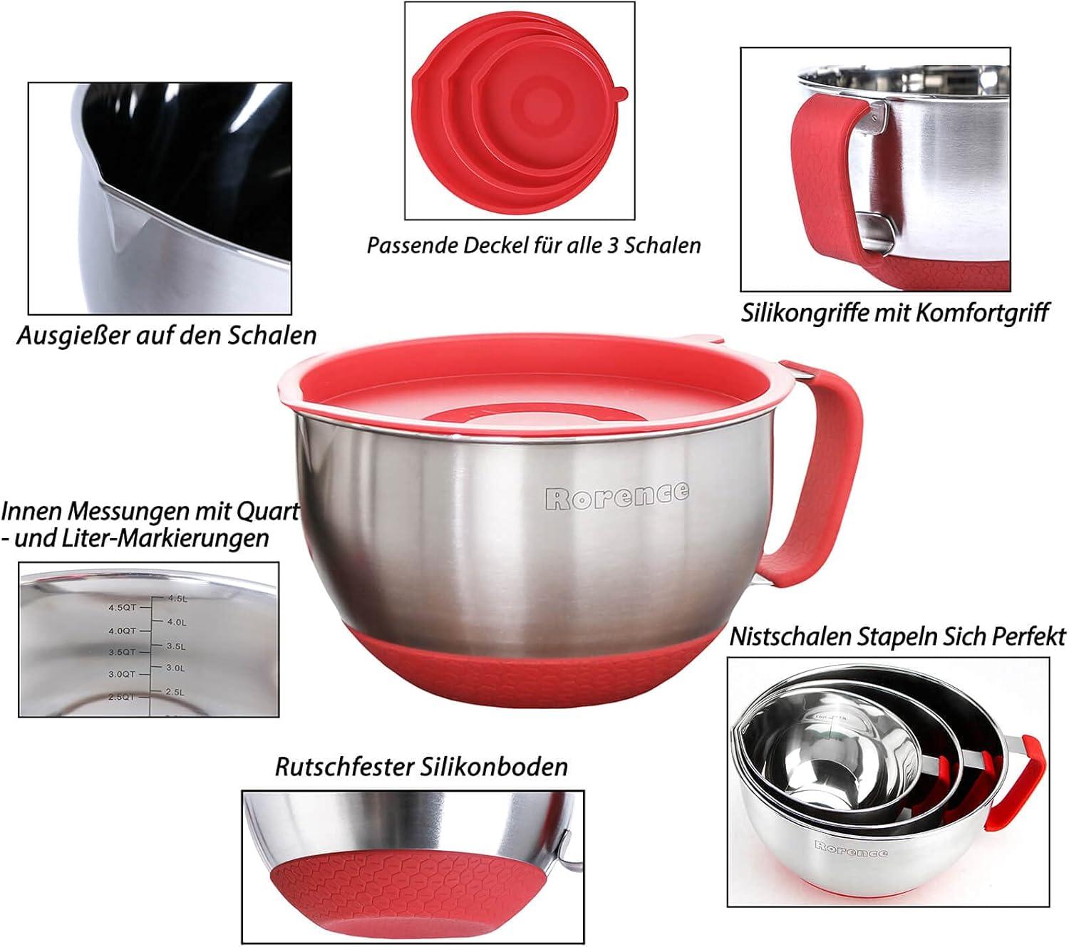 Stainless Steel Mixing Bowl Set with Red Silicone Lids