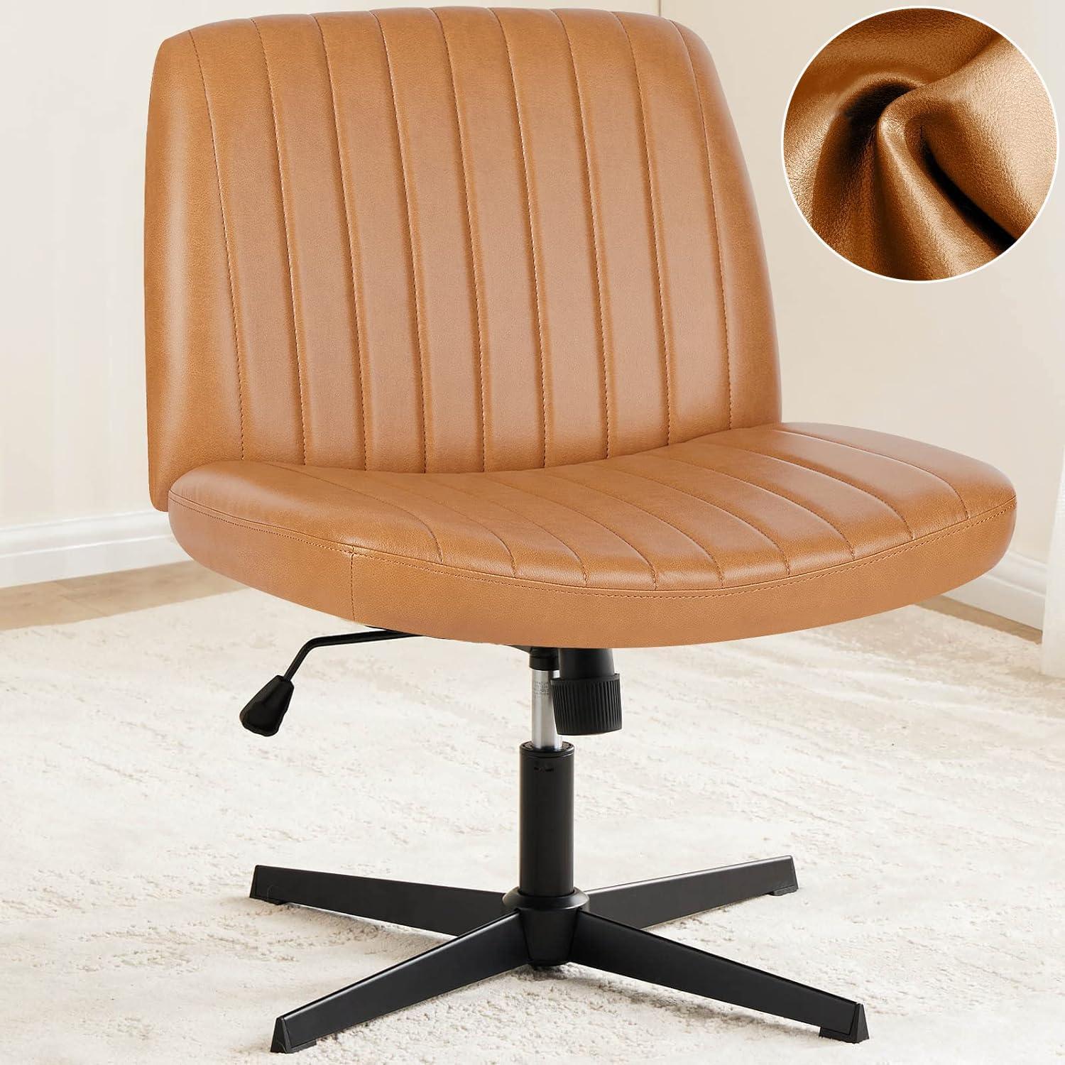 Armless Brown Leather Swivel Office Chair with Metal Frame