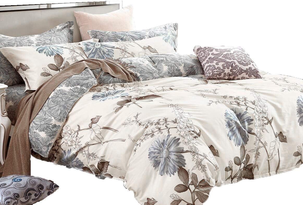 King Blue and Beige Cotton Floral Bedding Set