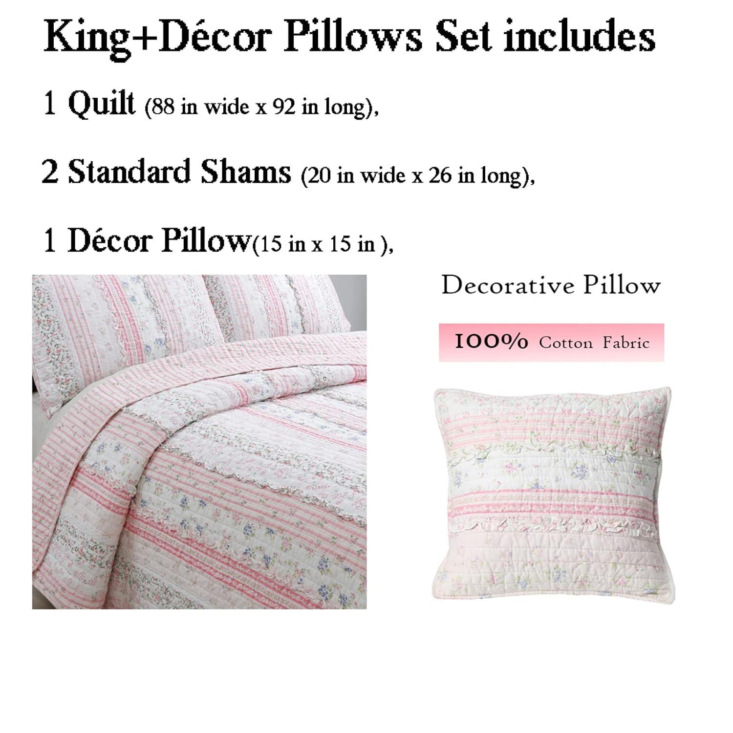 Pink Rose Peonies Ruffle 4-Piece Pink Floral Stripe Cotton Bedding Set with Decor Pillow King Quilt Set