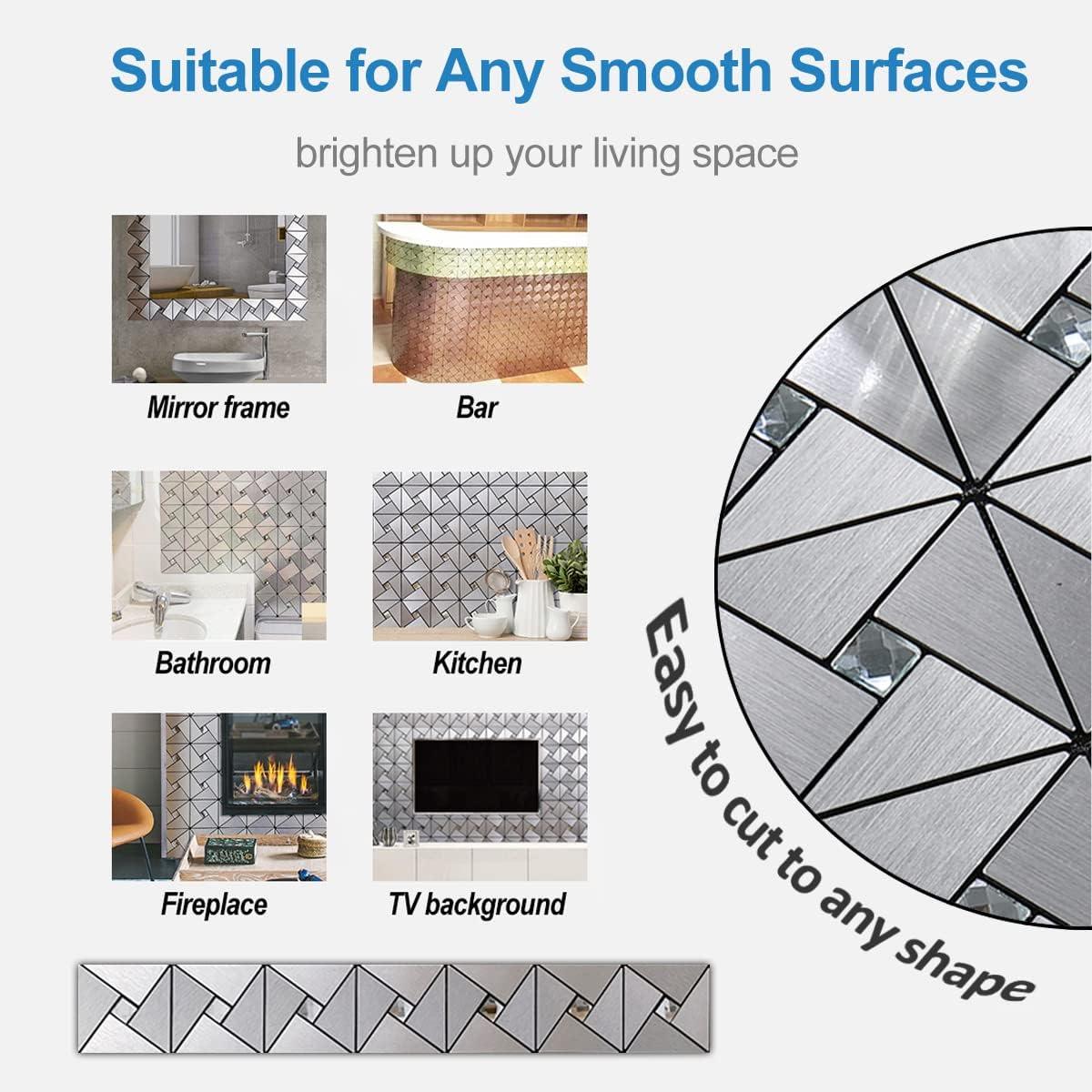DICOFUN 10-Sheet Peel and Stick Backsplash Metal Tile, Mixed Glass Self-Adhesive Mosaic Tiles, Stainless Steel Stick on Wall Tiles for Kitchen and Bathroom Backspalsh, Mirror Décor