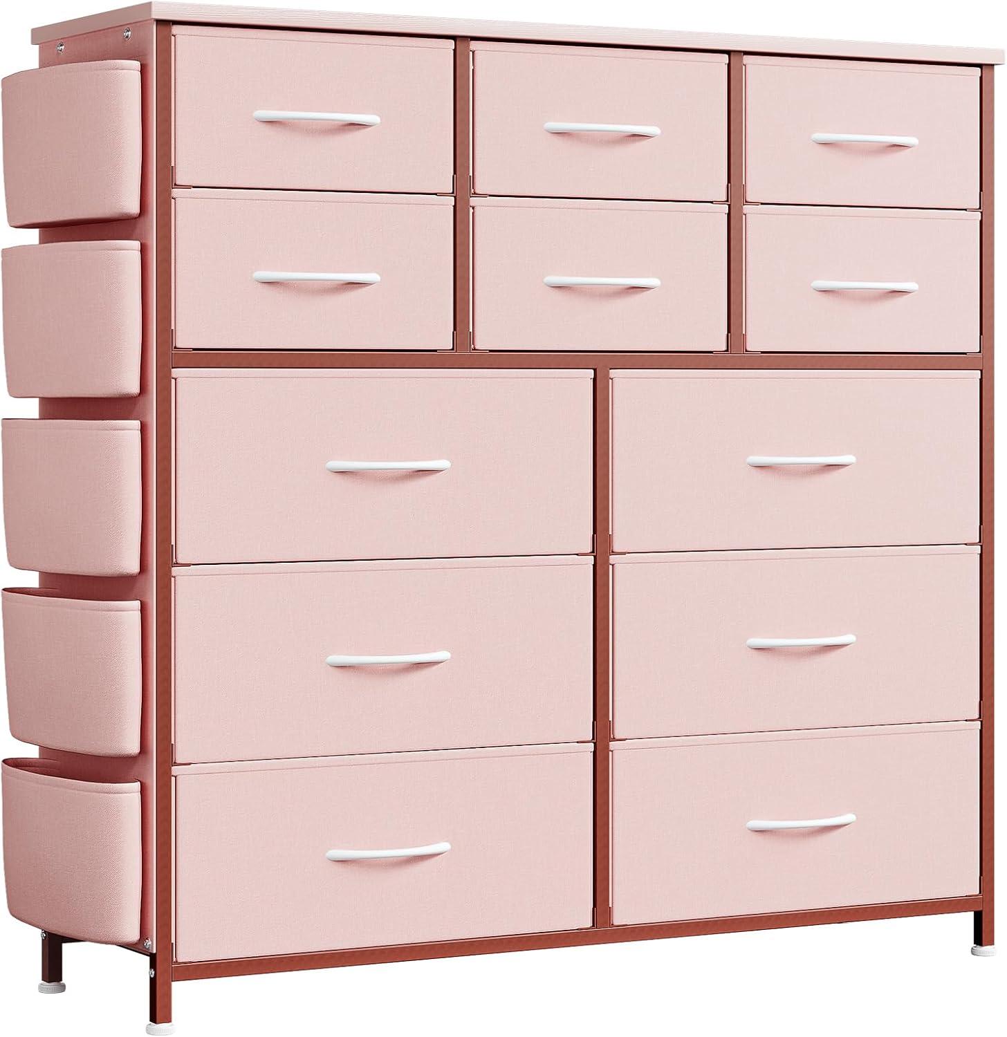 Jojoka 12-Drawer Dresser for Bedroom, Fabric Storage Organizer With Wood Top, Side Pockets & Hooks Cabinet for Closet, Nursery,  Pink