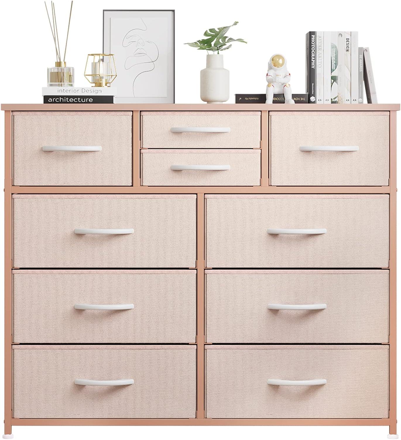 Dresser for Bedroom with 10 Drawers, Dressers & Chest of Drawers, Long Fabric Storage Drawer with Wood Tabletop for Kids Room, Closet, Hallway, Entryway