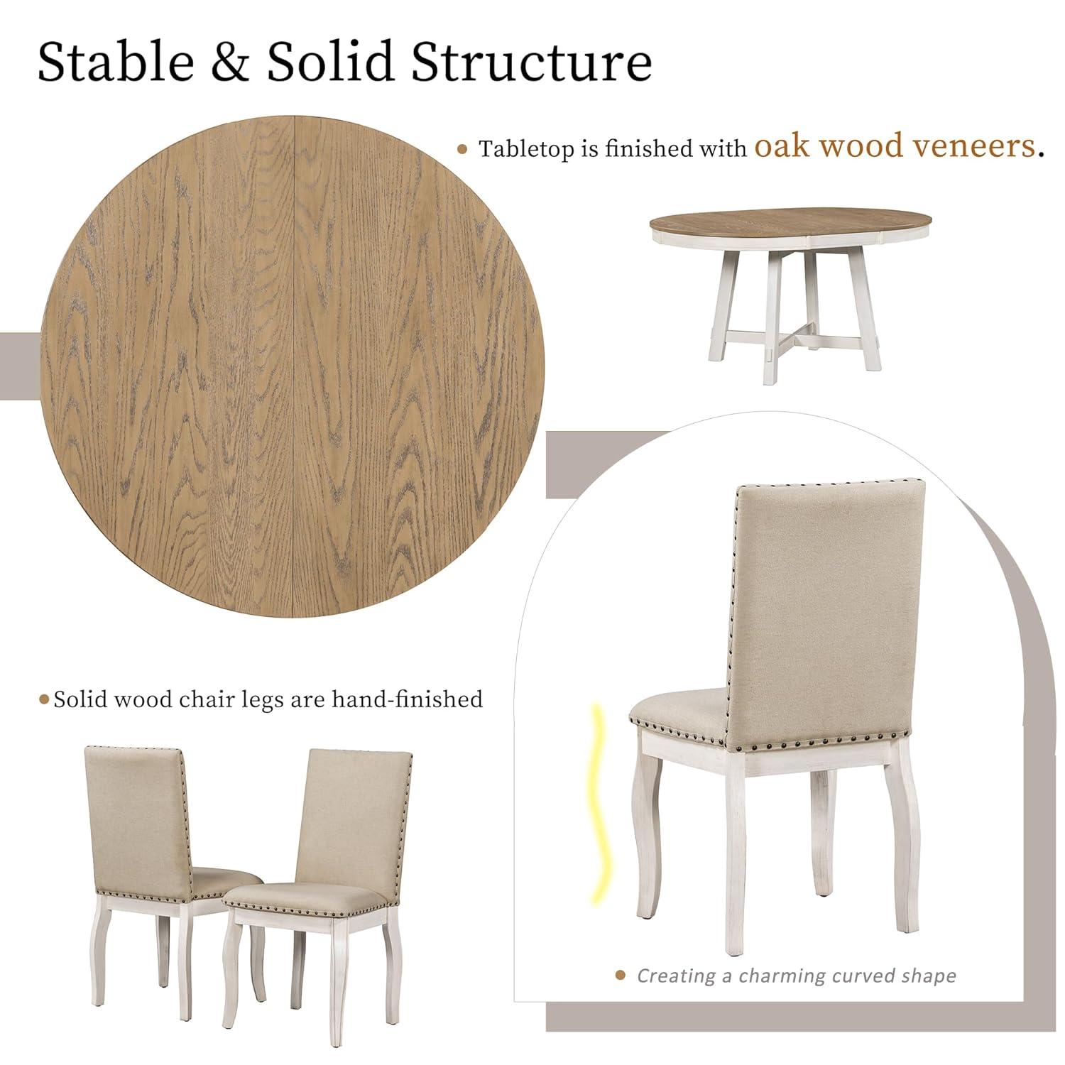 Prehome 5-Piece Farmhouse Dining Table Set Wood Round Extendable Dining Table and 4 Upholstered Dining Chairs (Oak Natural Wood + Antique White)