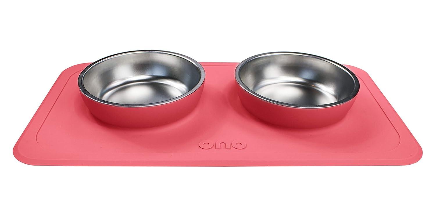 Ono Good Bowl Food & Water Double Feeder - Small to Medium Pets No Spill Non Skid Silicone Mat & Stainless Steel Bowl for Dogs or Cats (Charcoal)